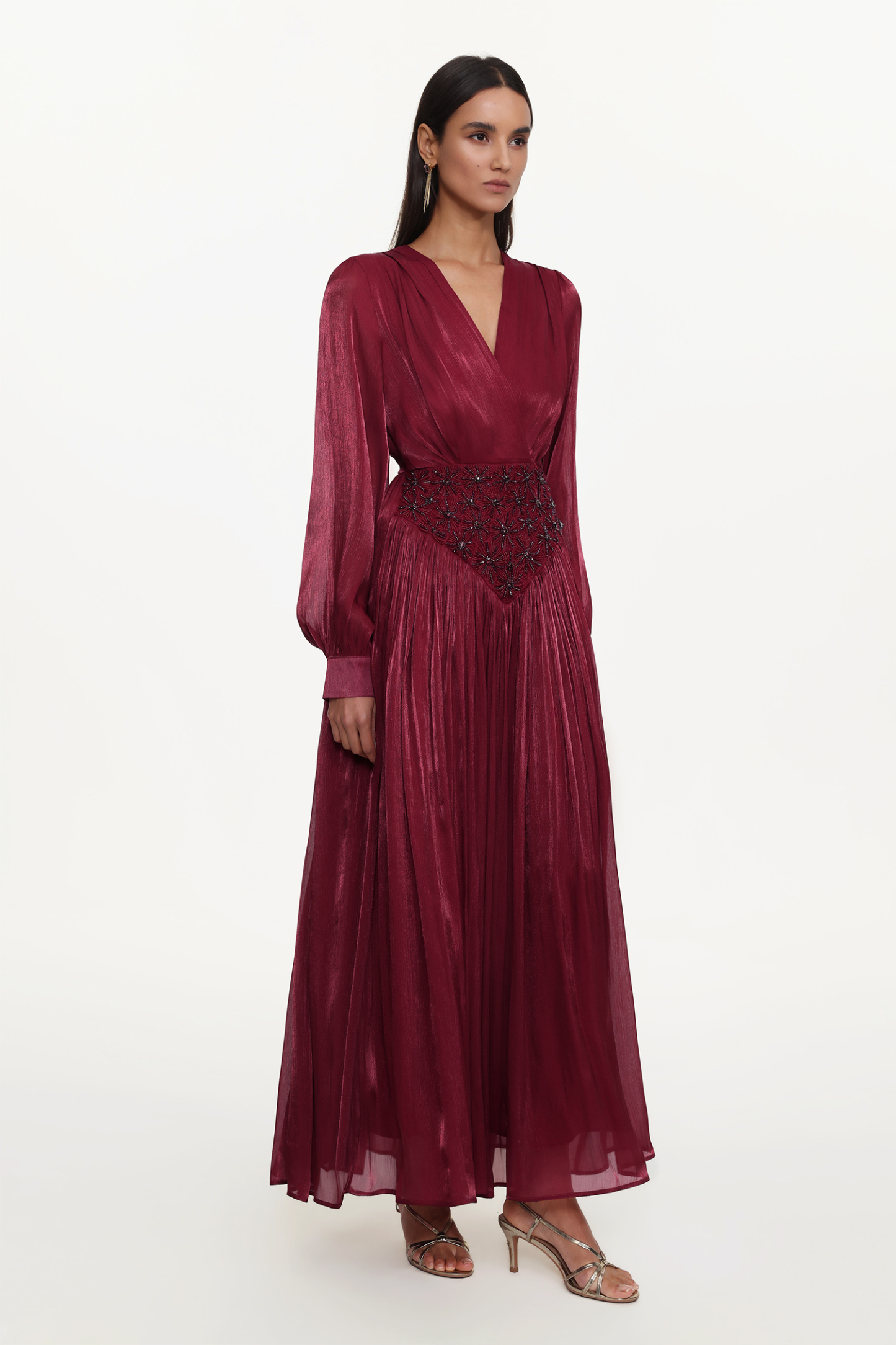 Viki Bohemian Flowy V-Neck Long Sleeve Pleated Beaded Woven Red Maxi Dress