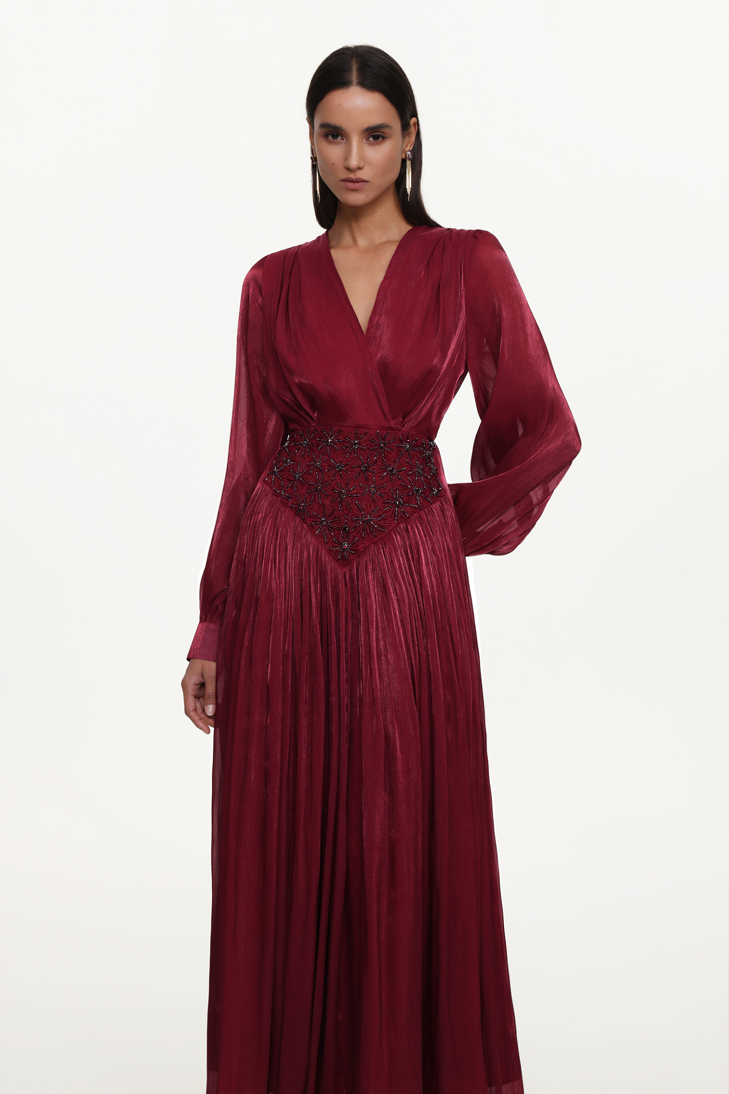 Viki Bohemian Flowy V-Neck Long Sleeve Pleated Beaded Woven Red Maxi Dress