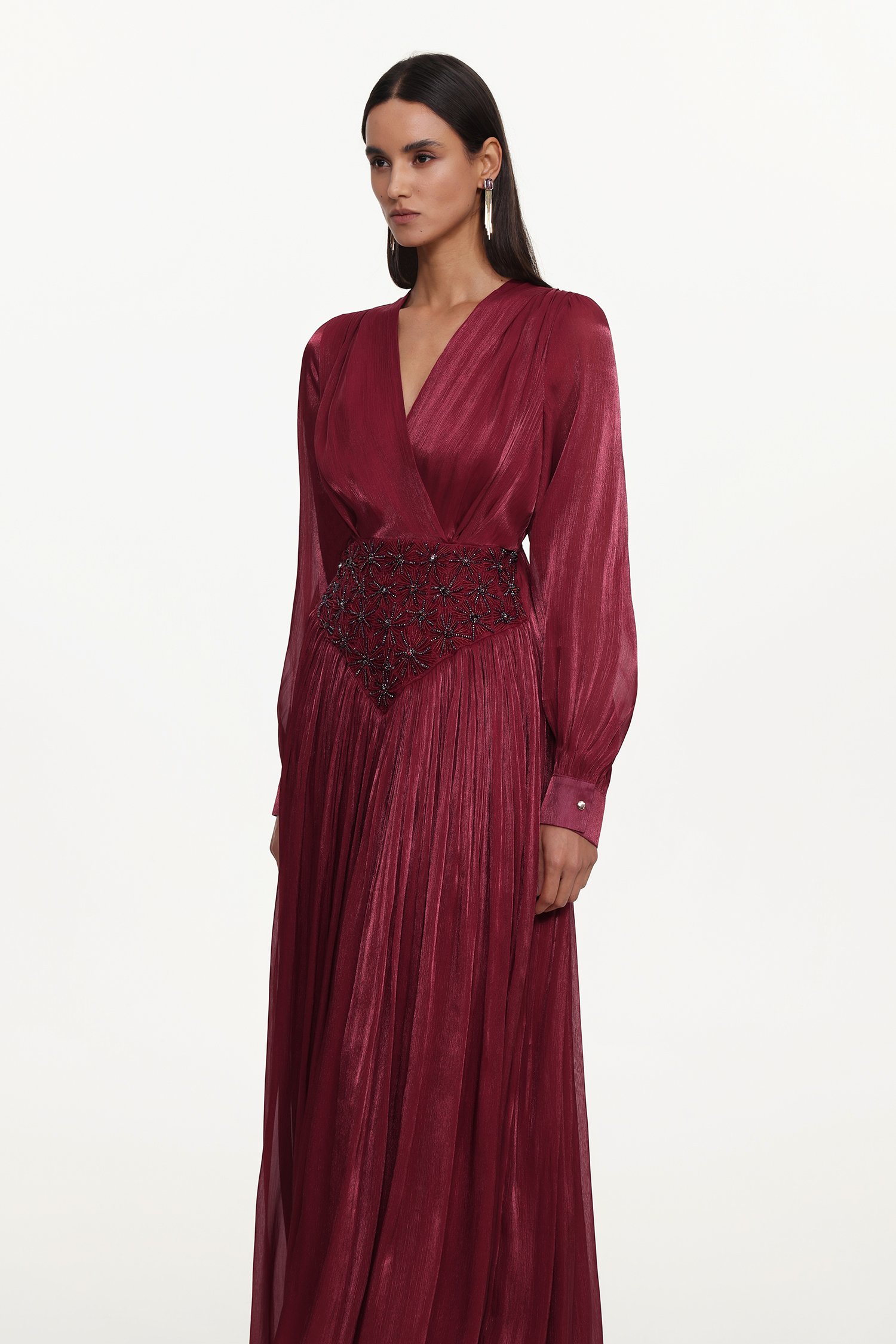 Viki Bohemian Flowy V-Neck Long Sleeve Pleated Beaded Woven Red Maxi Dress