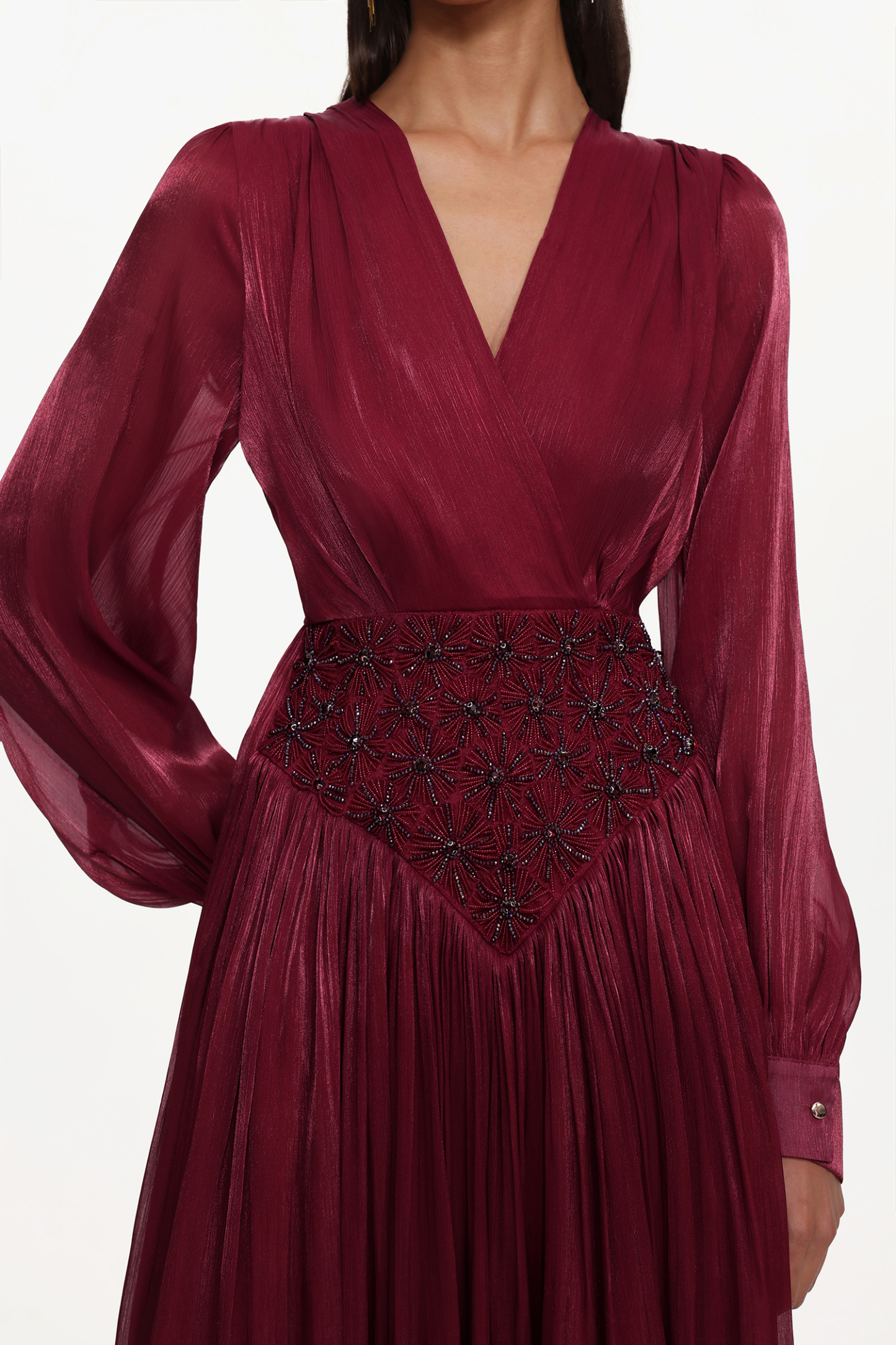 Viki Bohemian Flowy V-Neck Long Sleeve Pleated Beaded Woven Red Maxi Dress