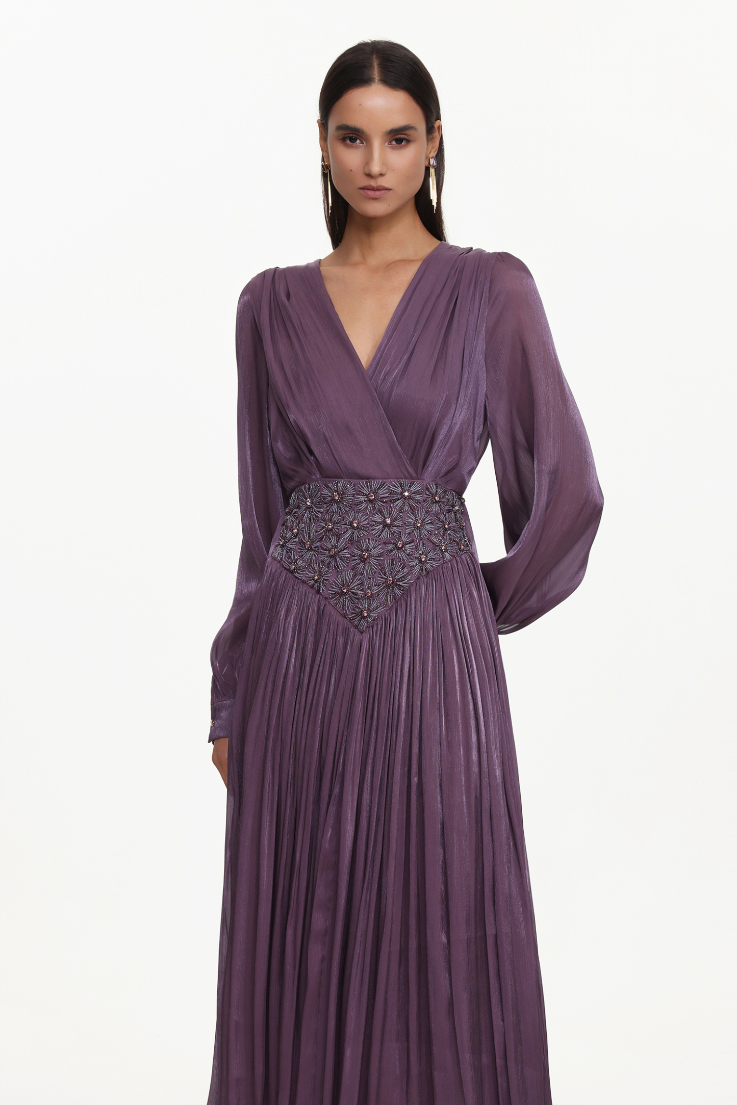Viki Bohemian Flowy V-Neck Long Sleeve Pleated Beaded Woven Purple Maxi Dress