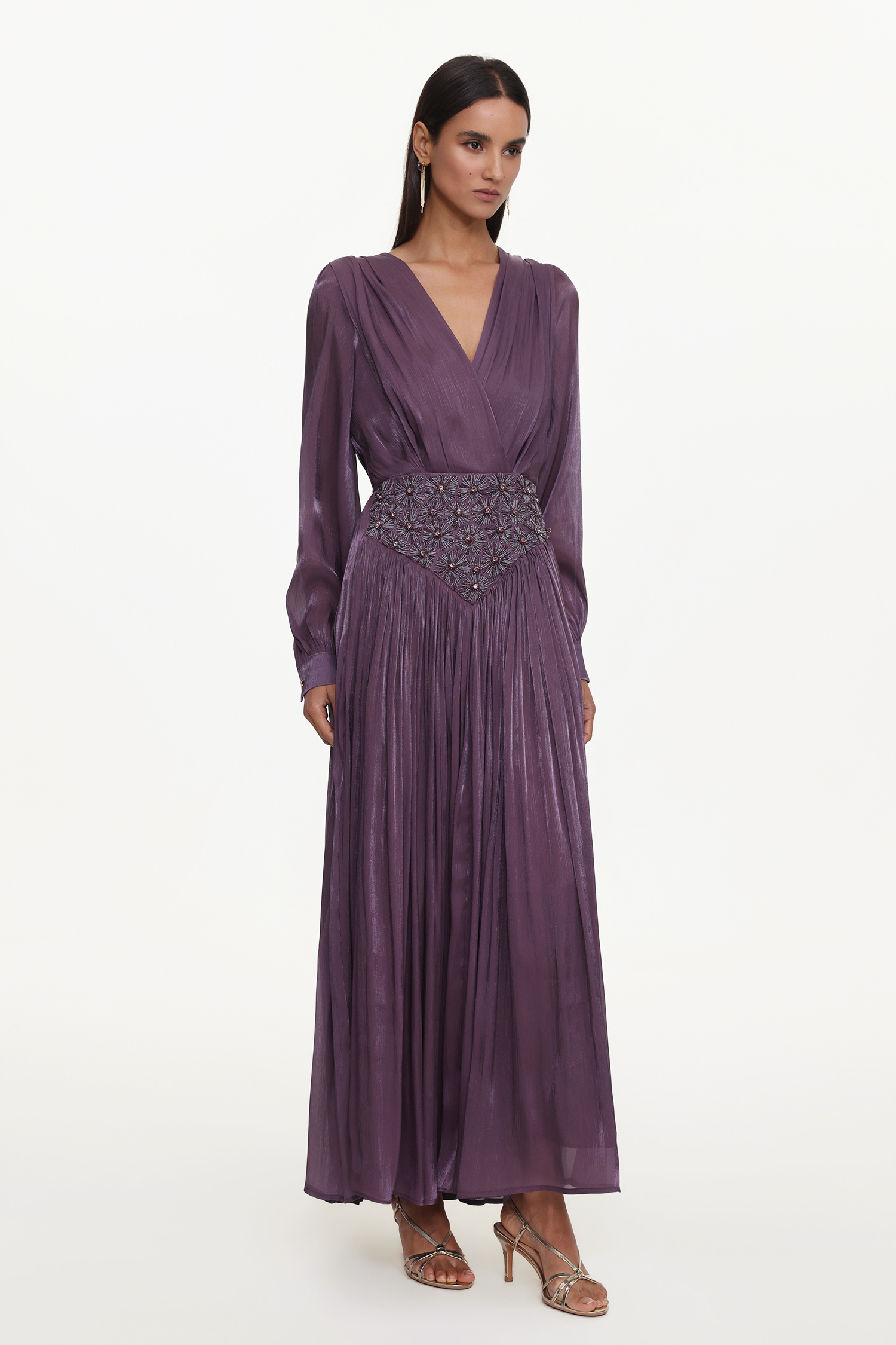 Viki Bohemian Flowy V-Neck Long Sleeve Pleated Beaded Woven Purple Maxi Dress