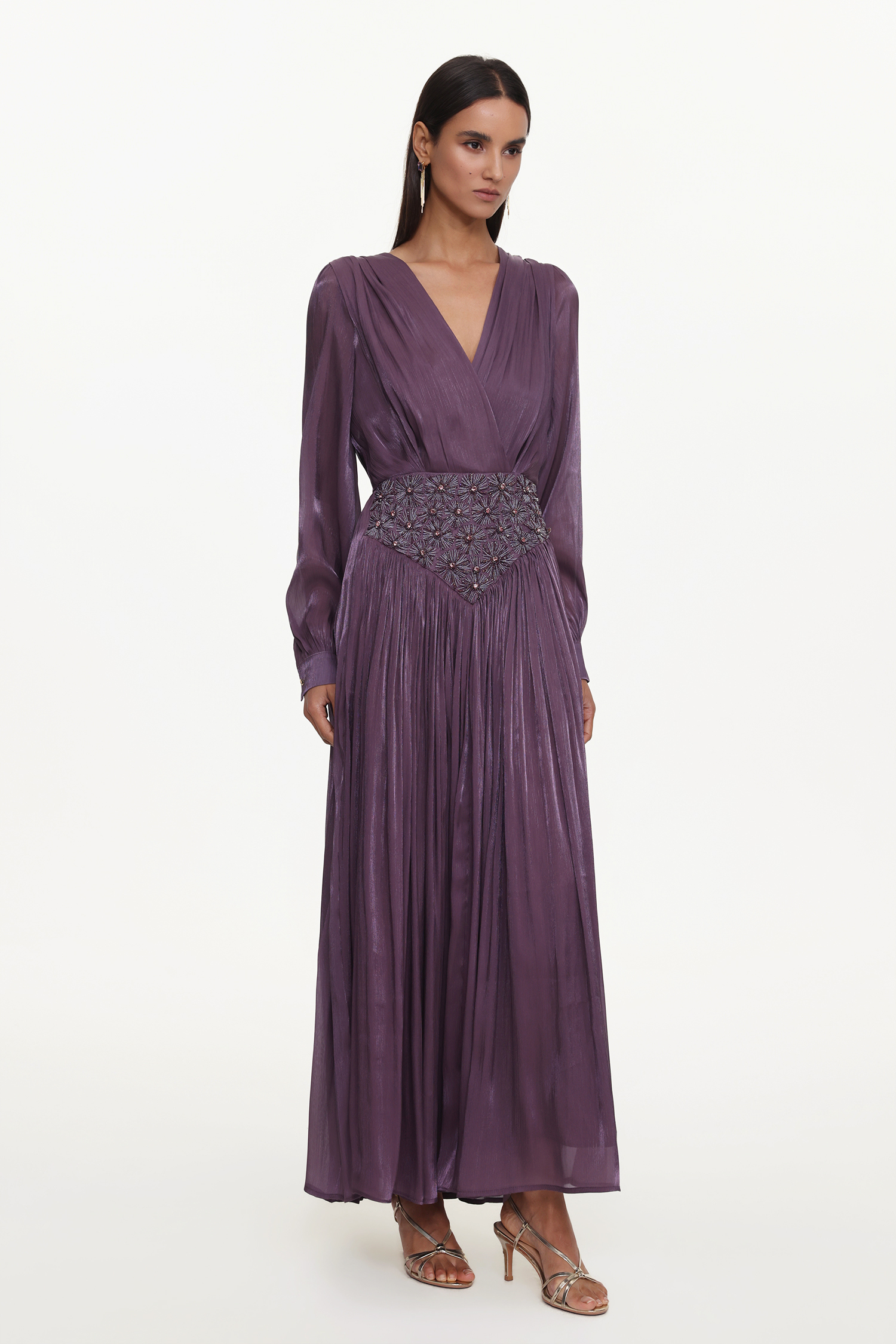Viki Bohemian Flowy V-Neck Long Sleeve Pleated Beaded Woven Purple Maxi Dress