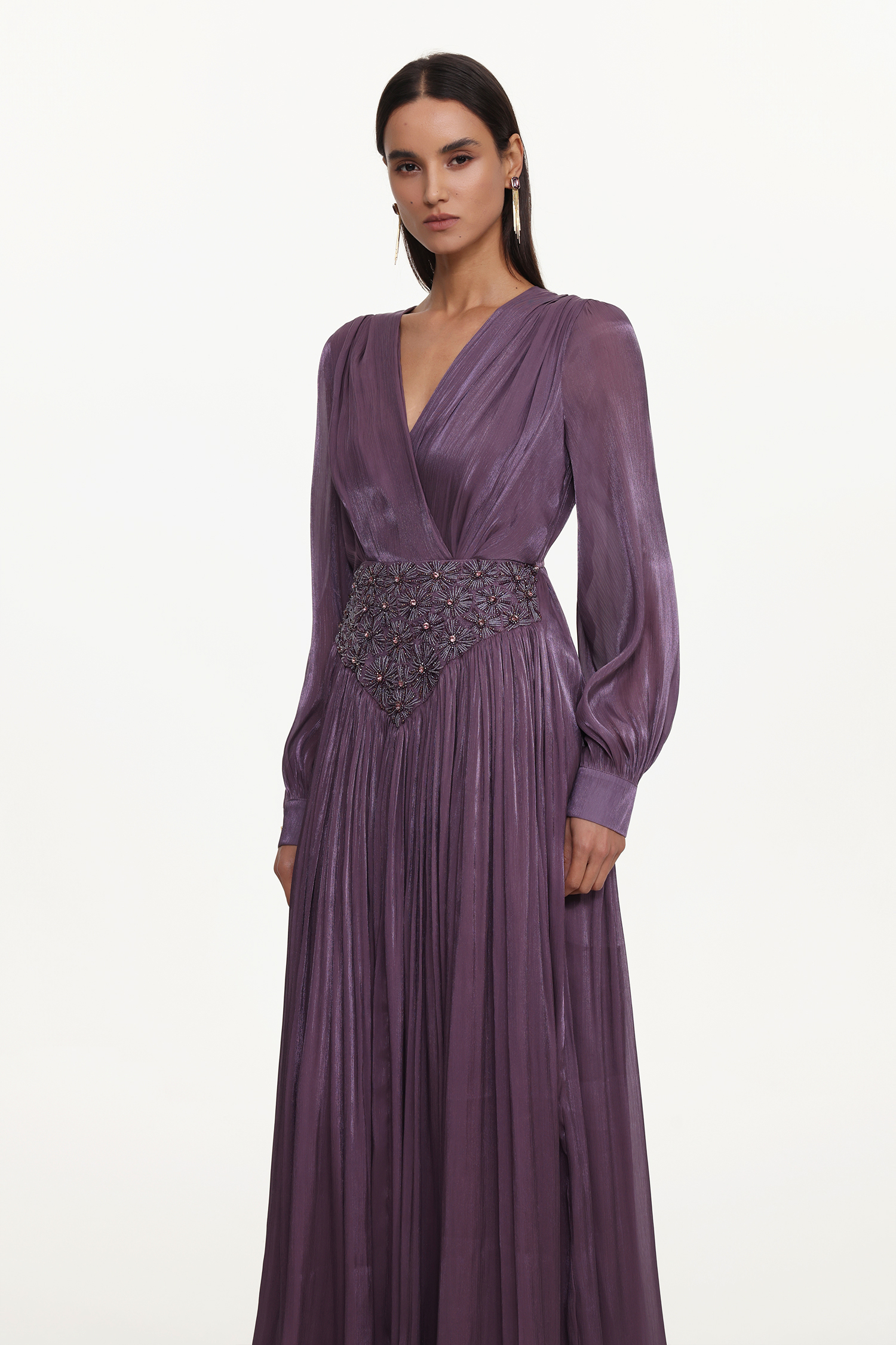 Viki Bohemian Flowy V-Neck Long Sleeve Pleated Beaded Woven Purple Maxi Dress