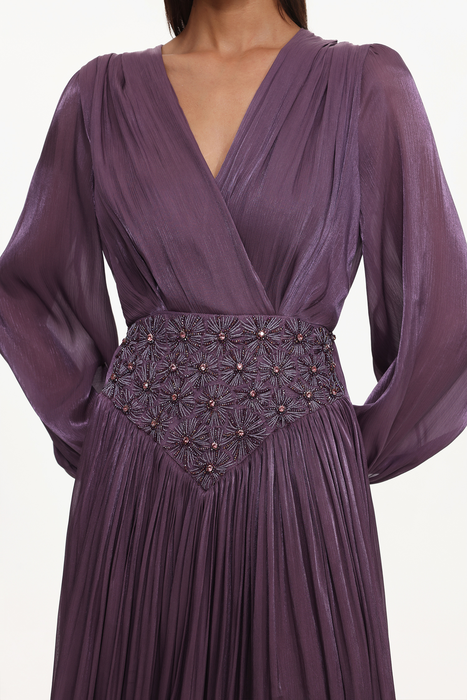 Viki Bohemian Flowy V-Neck Long Sleeve Pleated Beaded Woven Purple Maxi Dress