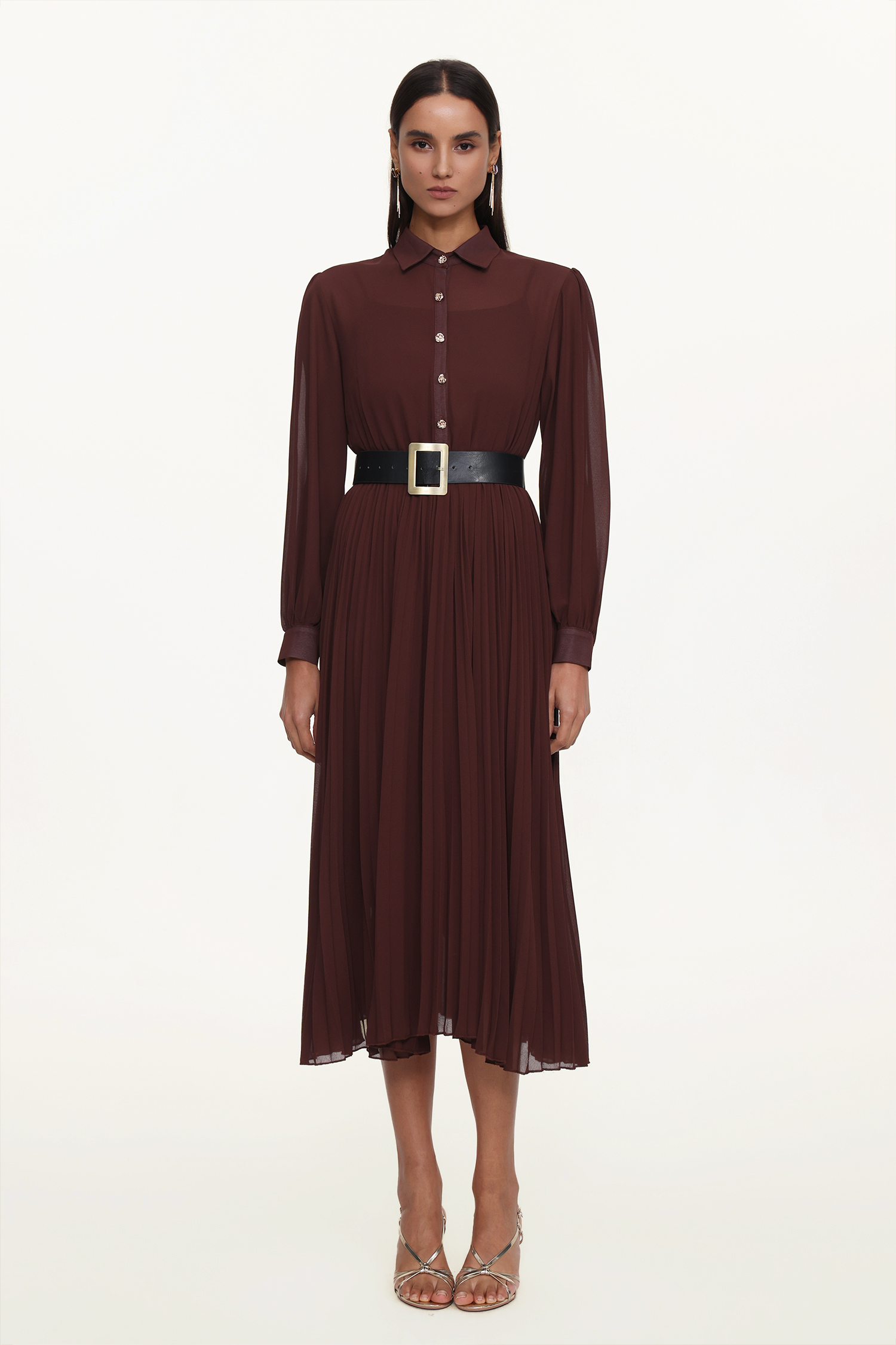 Evie Elegant Flowy Long Sleeve Pleated Woven Maxi Dress