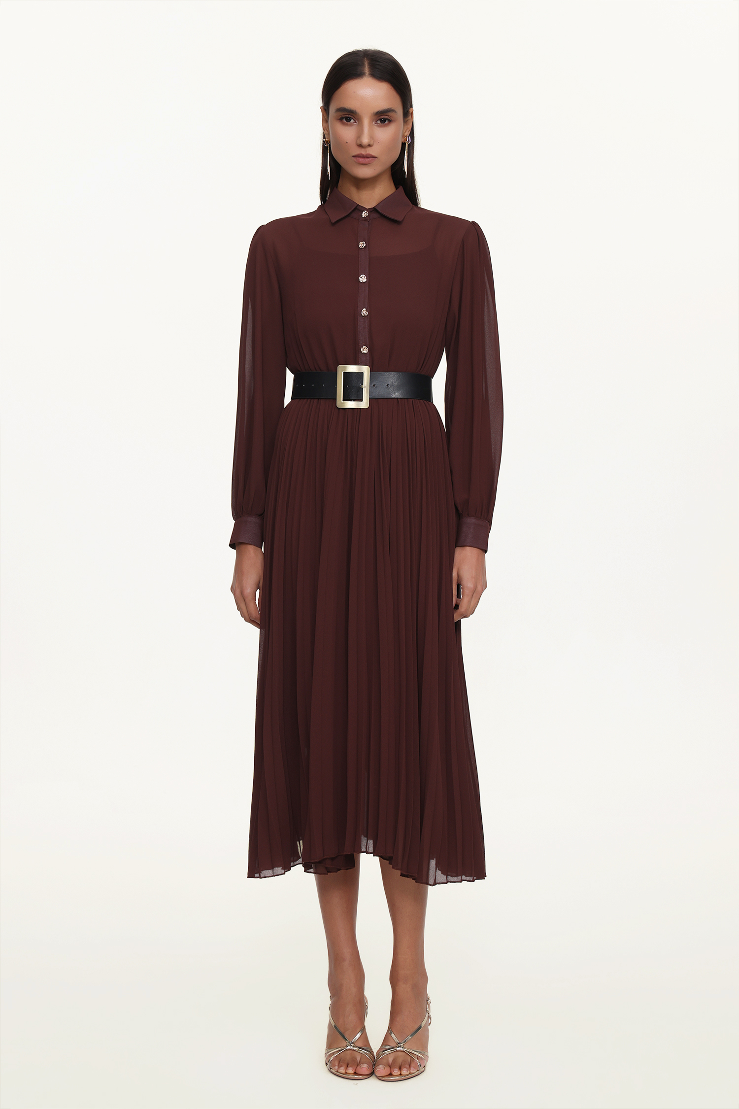 Evie Elegant Flowy Long Sleeve Pleated Woven Maxi Dress