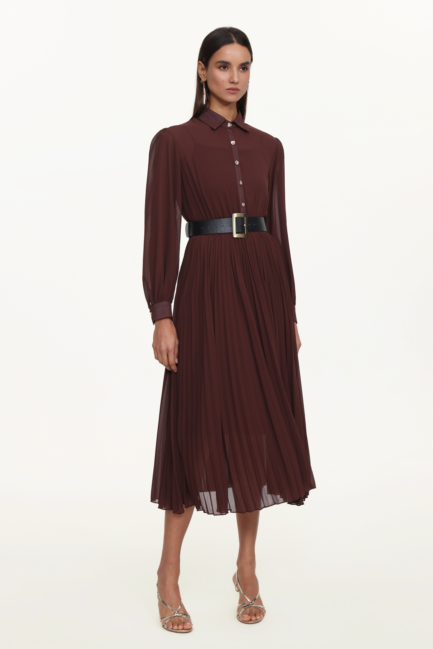 Evie Elegant Flowy Long Sleeve Pleated Woven Maxi Dress