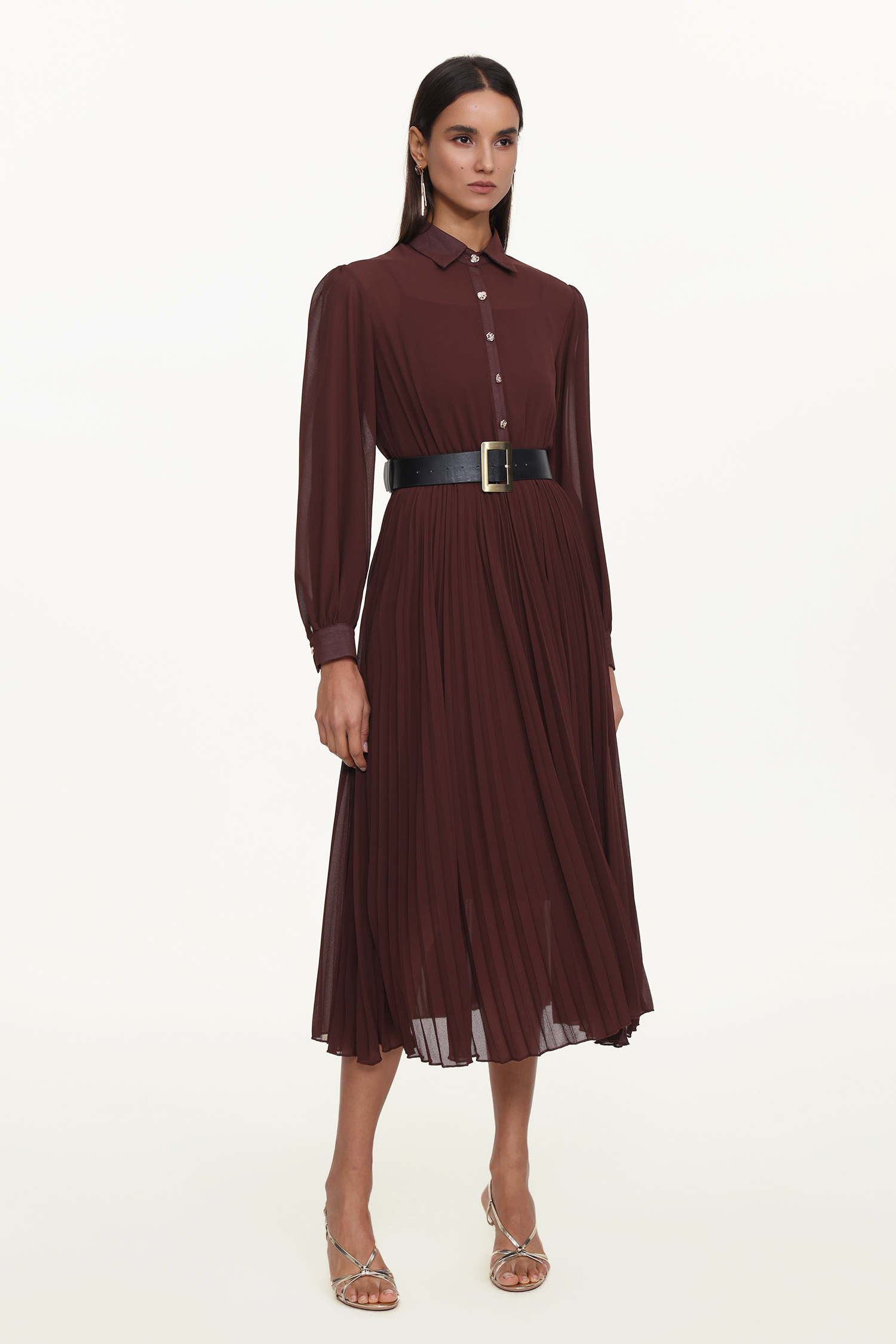 Evie Elegant Flowy Long Sleeve Pleated Woven Maxi Dress