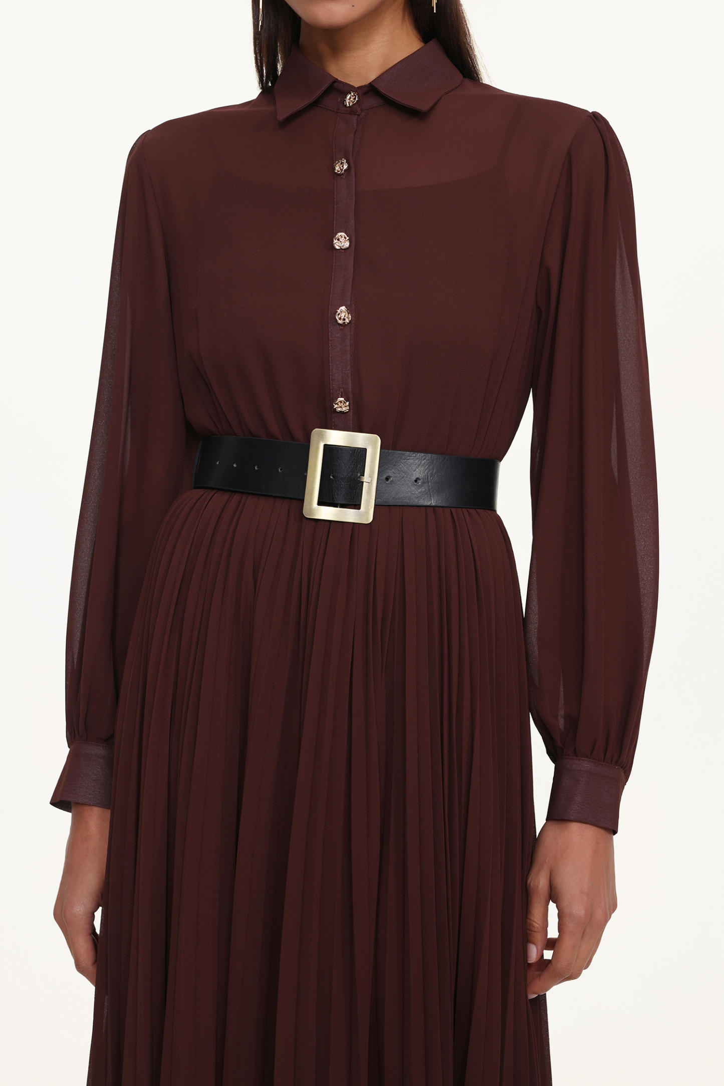 Evie Elegant Flowy Long Sleeve Pleated Woven Maxi Dress