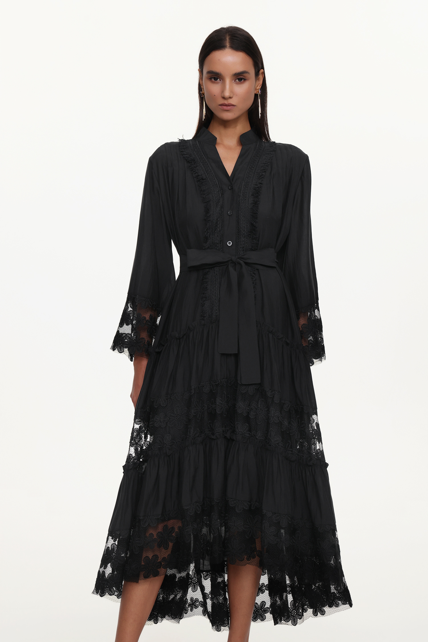 Kava Resort Flowy Long Sleeve Lace Floral Woven Maxi Dress