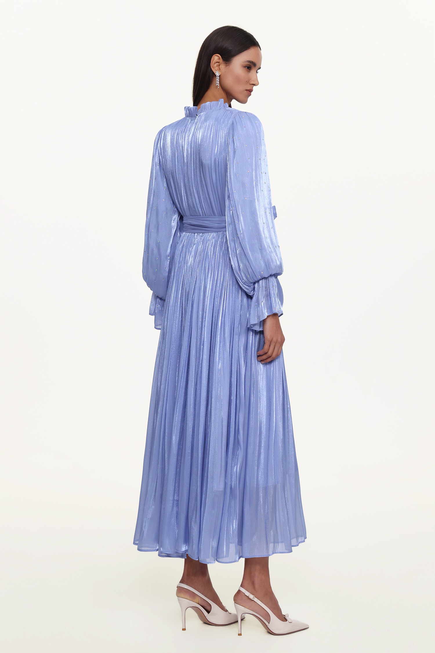 Ikira Resort Flowy Long Sleeve Pleated Floral Satin Black Purple Maxi Dress