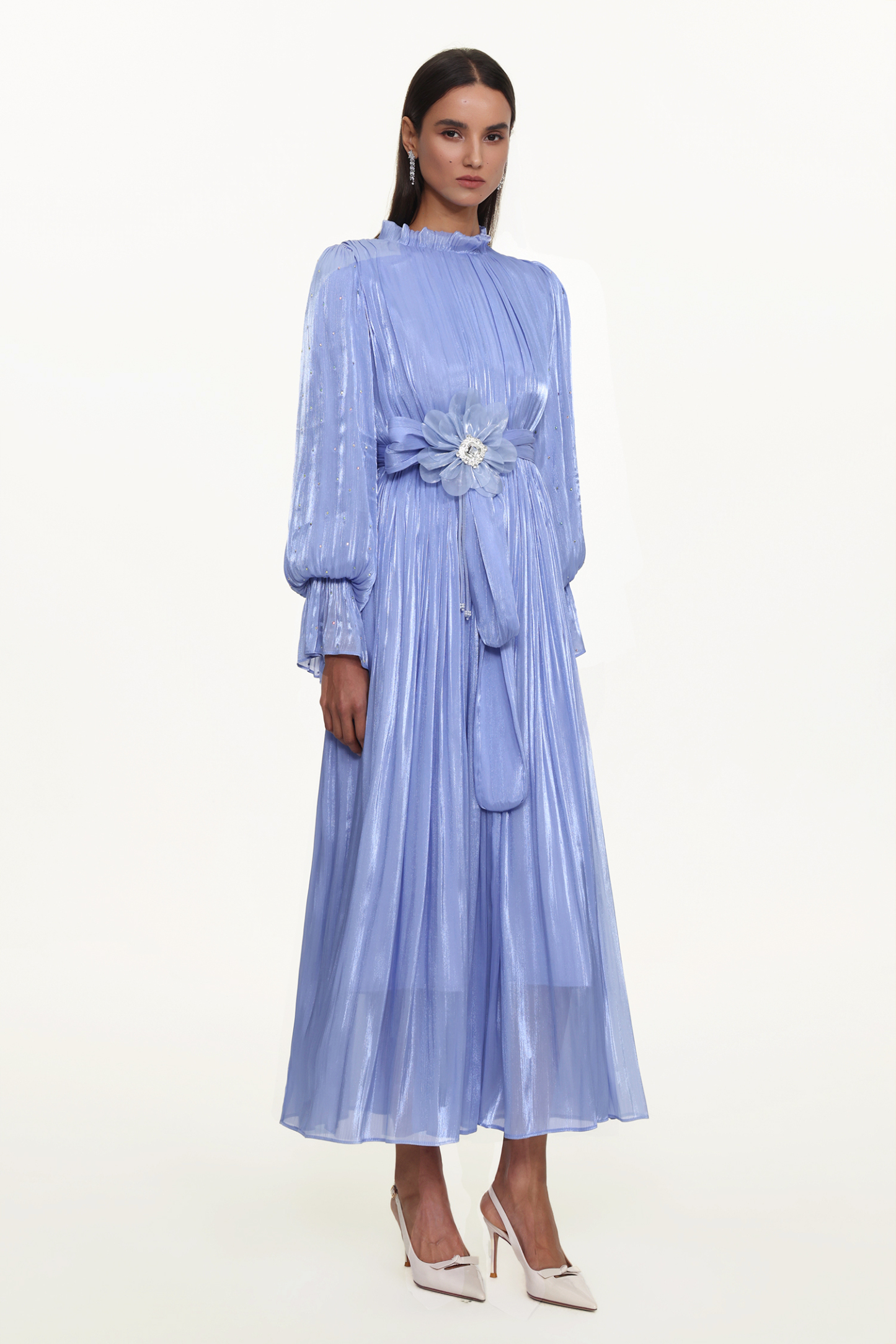 Ikira Resort Flowy Long Sleeve Pleated Floral Satin Black Purple Maxi Dress