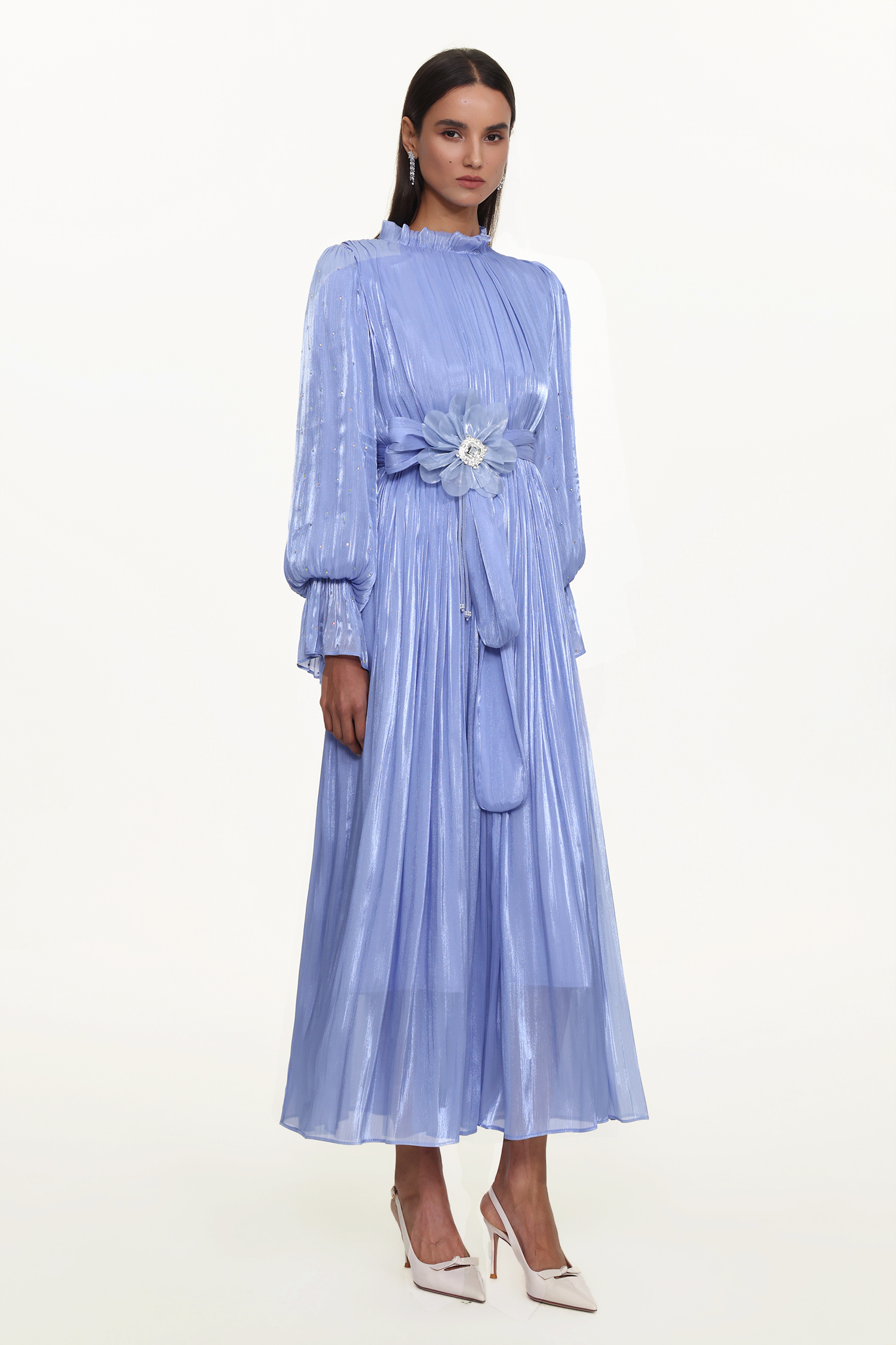 Ikira Resort Flowy Long Sleeve Pleated Floral Satin Black Purple Maxi Dress