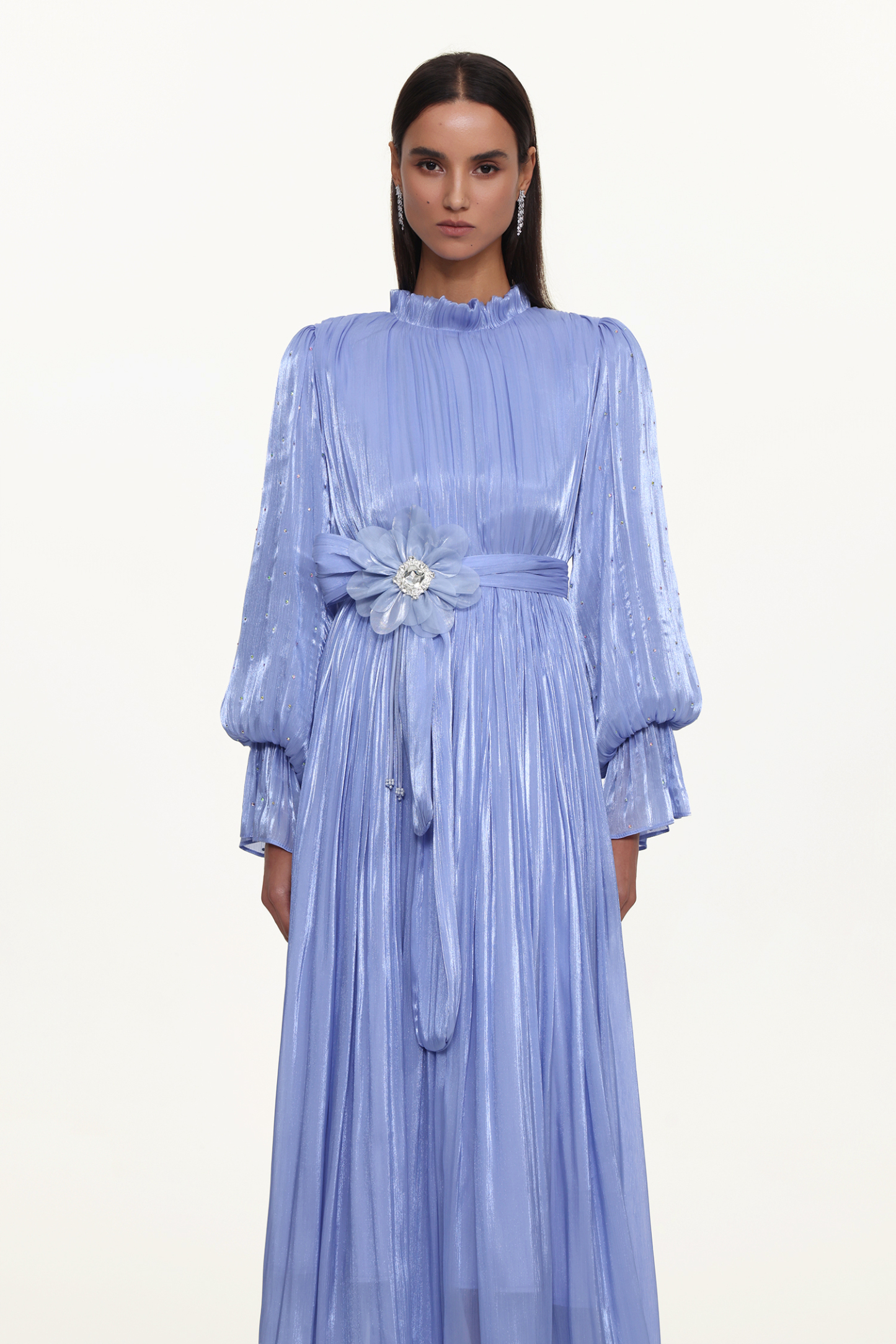 Ikira Resort Flowy Long Sleeve Pleated Floral Satin Black Purple Maxi Dress