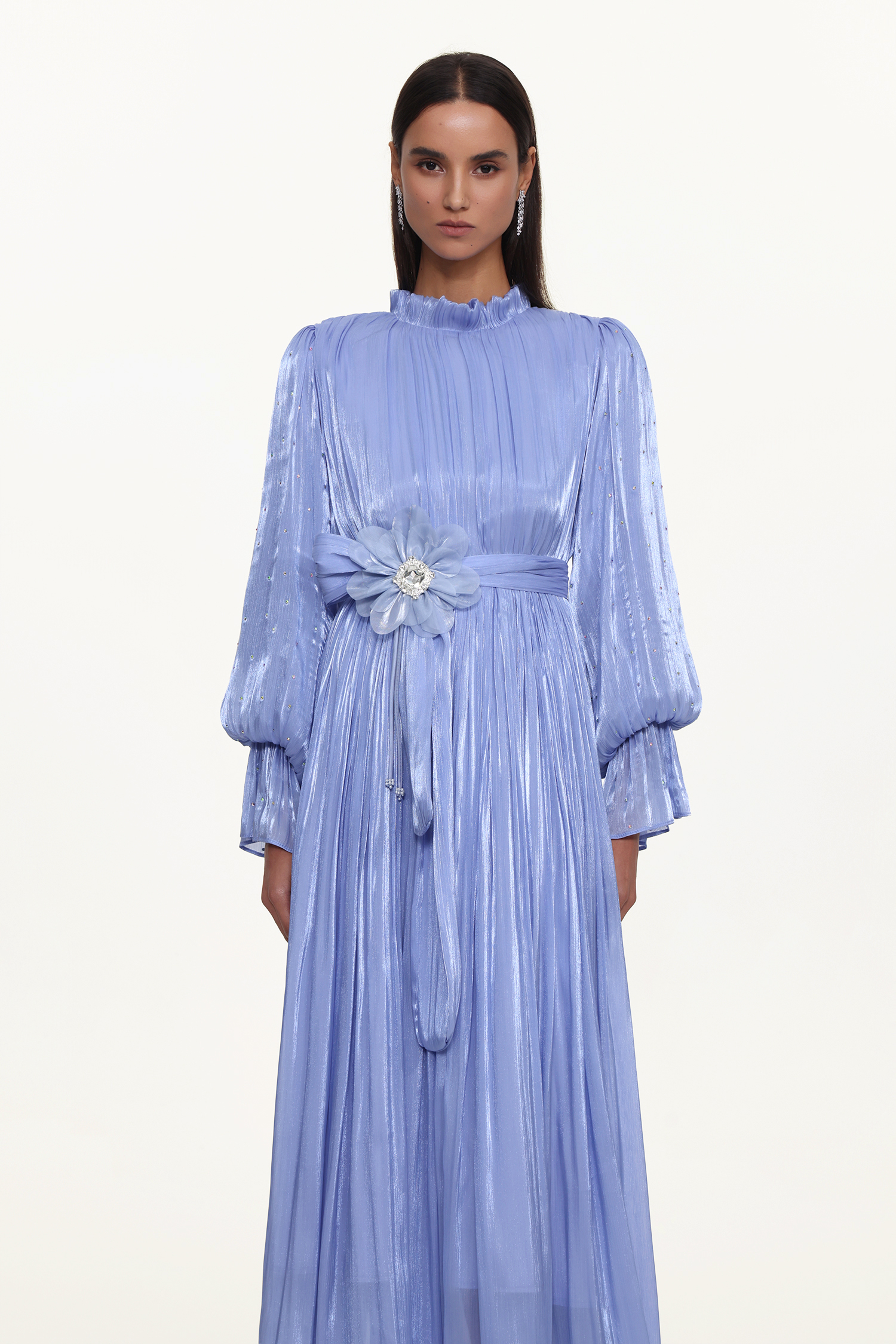 Ikira Resort Flowy Long Sleeve Pleated Floral Satin Black Purple Maxi Dress