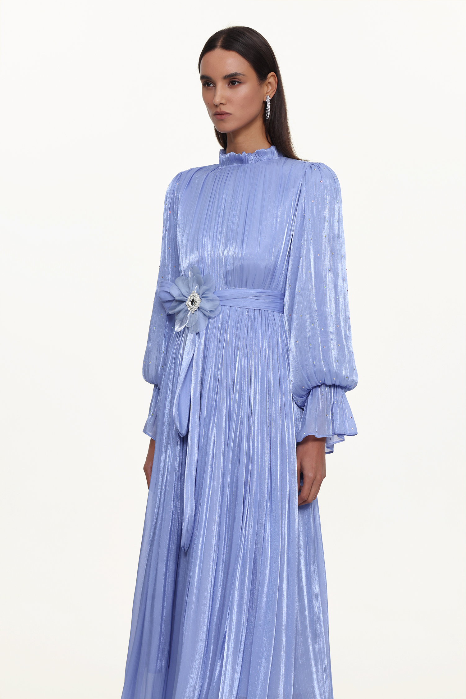 Ikira Resort Flowy Long Sleeve Pleated Floral Satin Black Purple Maxi Dress