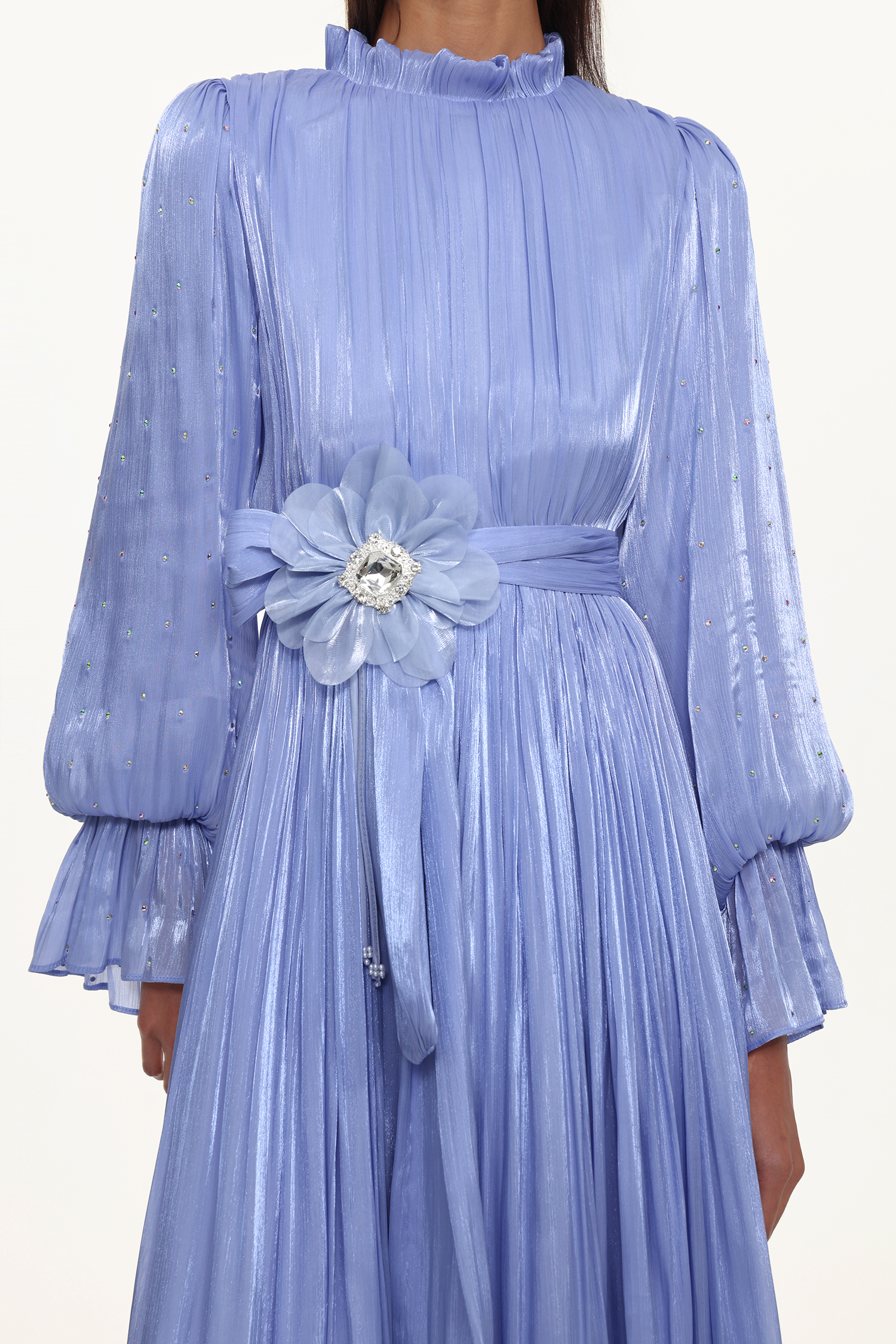 Ikira Resort Flowy Long Sleeve Pleated Floral Satin Black Purple Maxi Dress