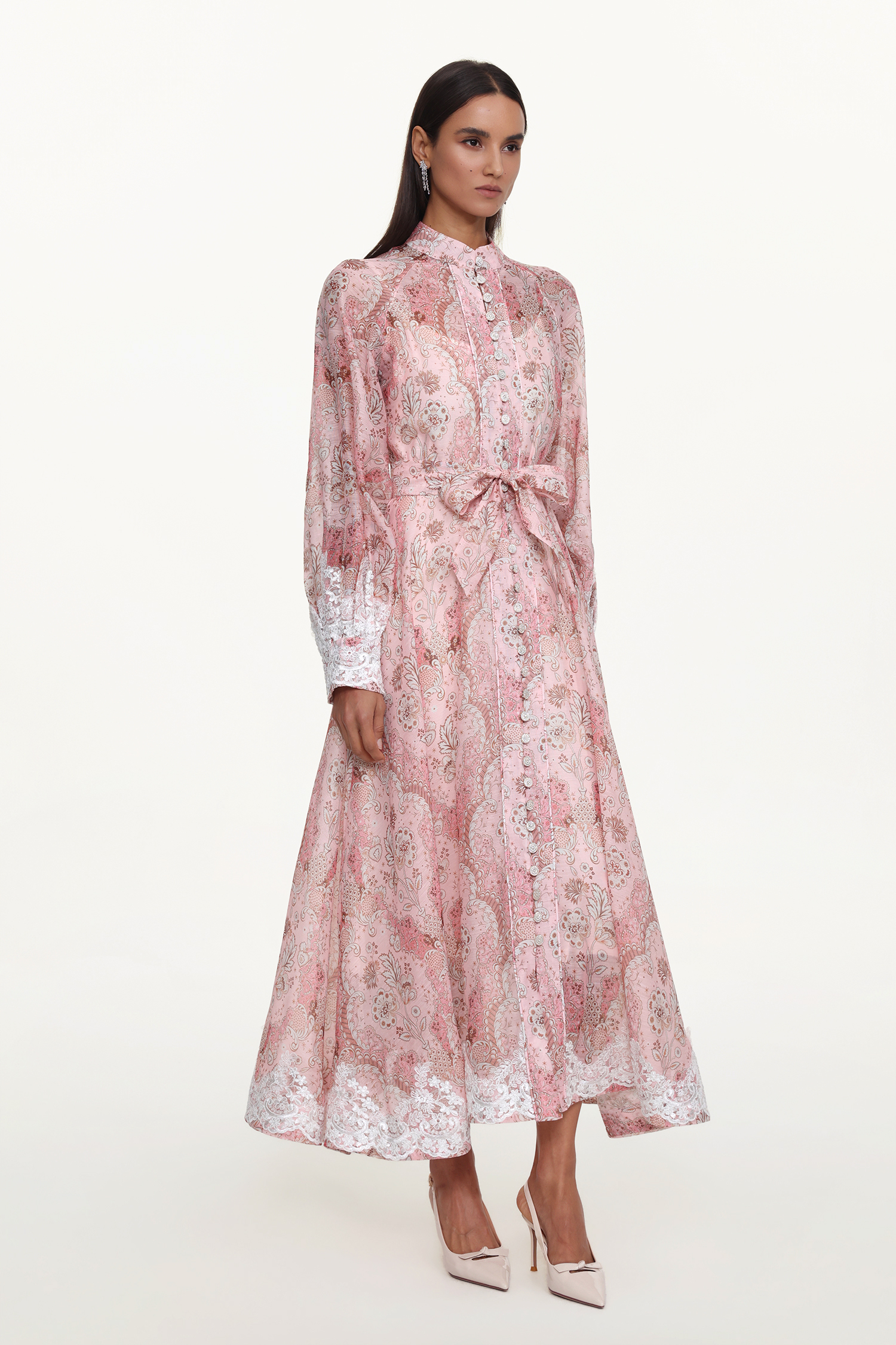 Shalissa Resort Flowy Long Sleeve Floral Print Lace Woven Maxi Dress