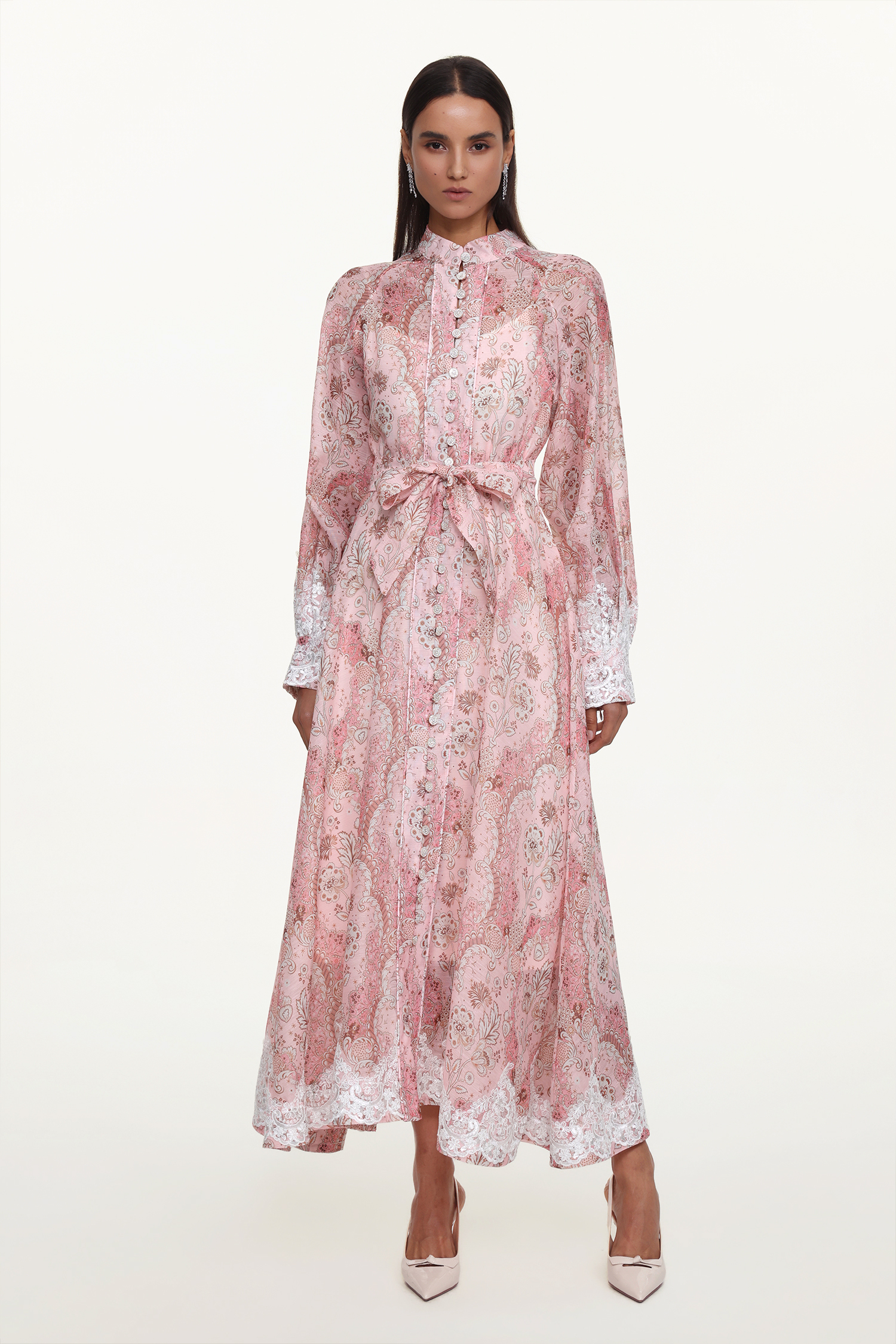 Shalissa Resort Flowy Long Sleeve Floral Print Lace Woven Maxi Dress