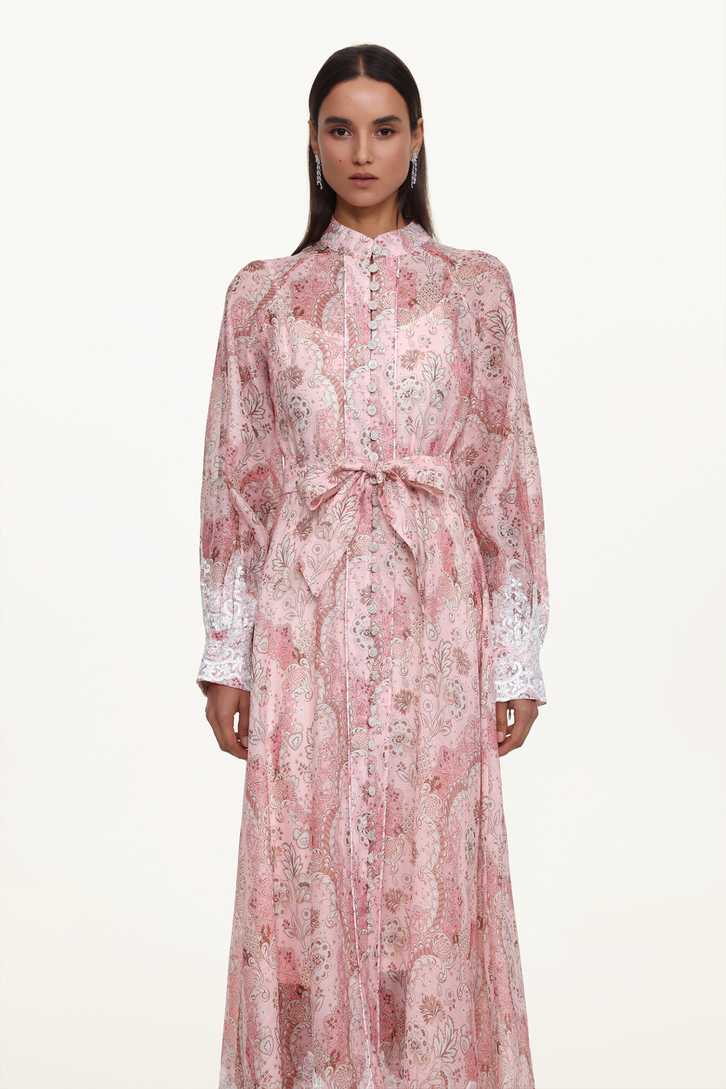 Shalissa Resort Flowy Long Sleeve Floral Print Lace Woven Maxi Dress