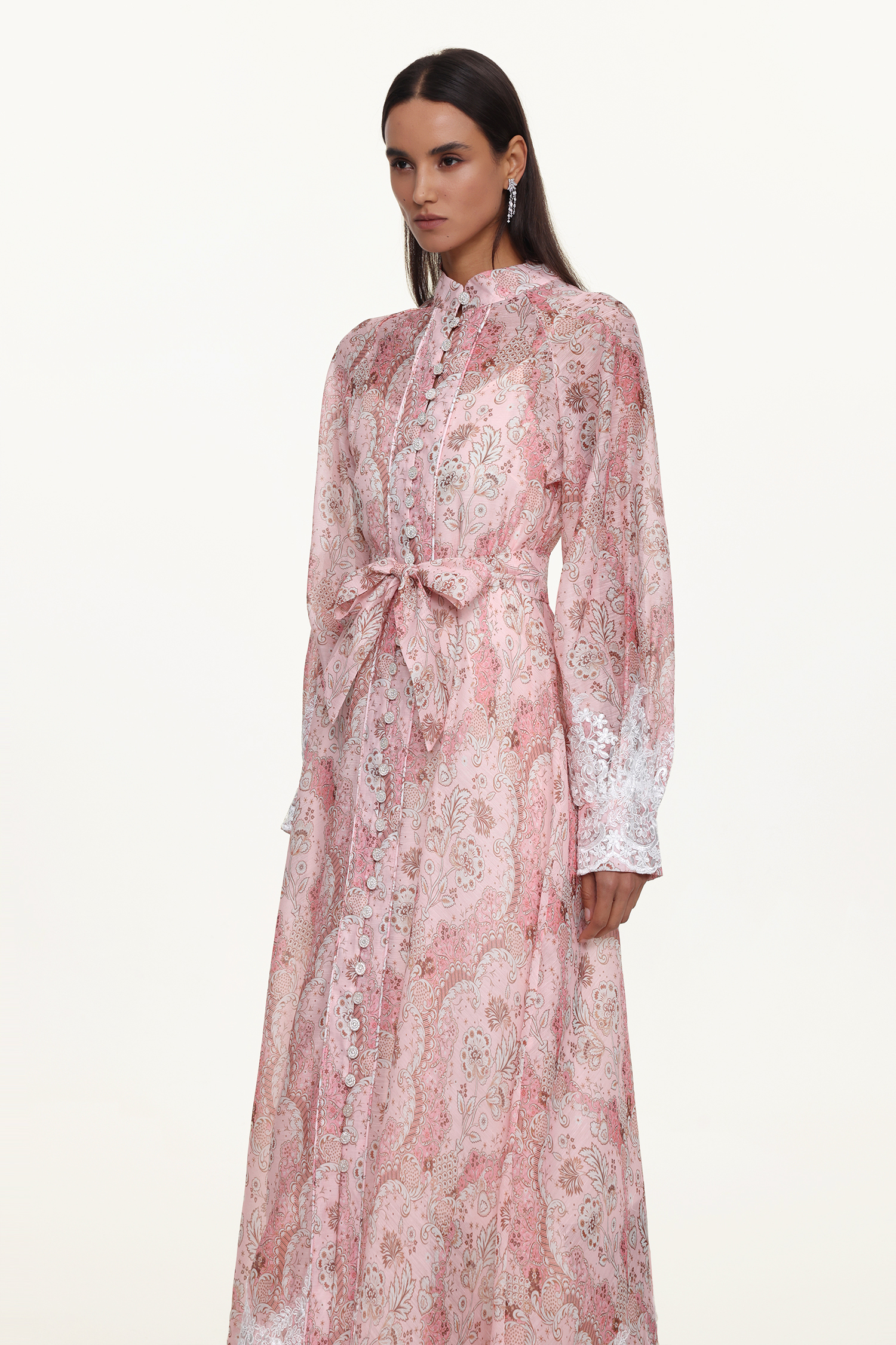 Shalissa Resort Flowy Long Sleeve Floral Print Lace Woven Maxi Dress