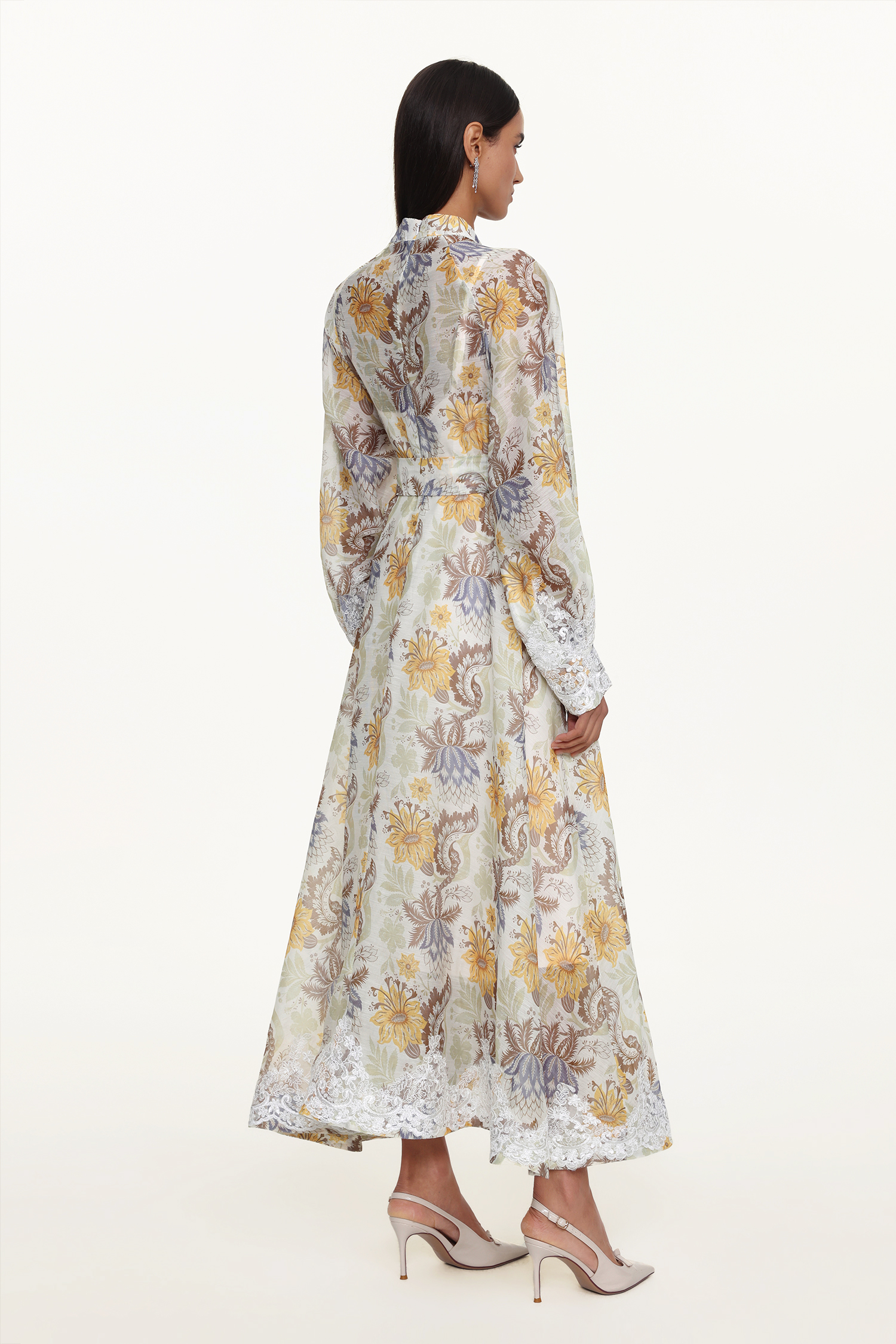 Rosi Resort Flowy Long Sleeve Floral Print Lace Woven Maxi Dress