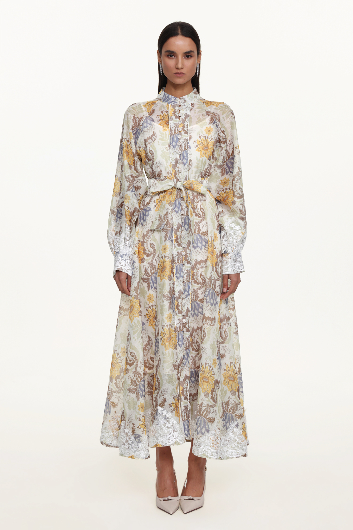 Rosi Resort Flowy Long Sleeve Floral Print Lace Woven Maxi Dress