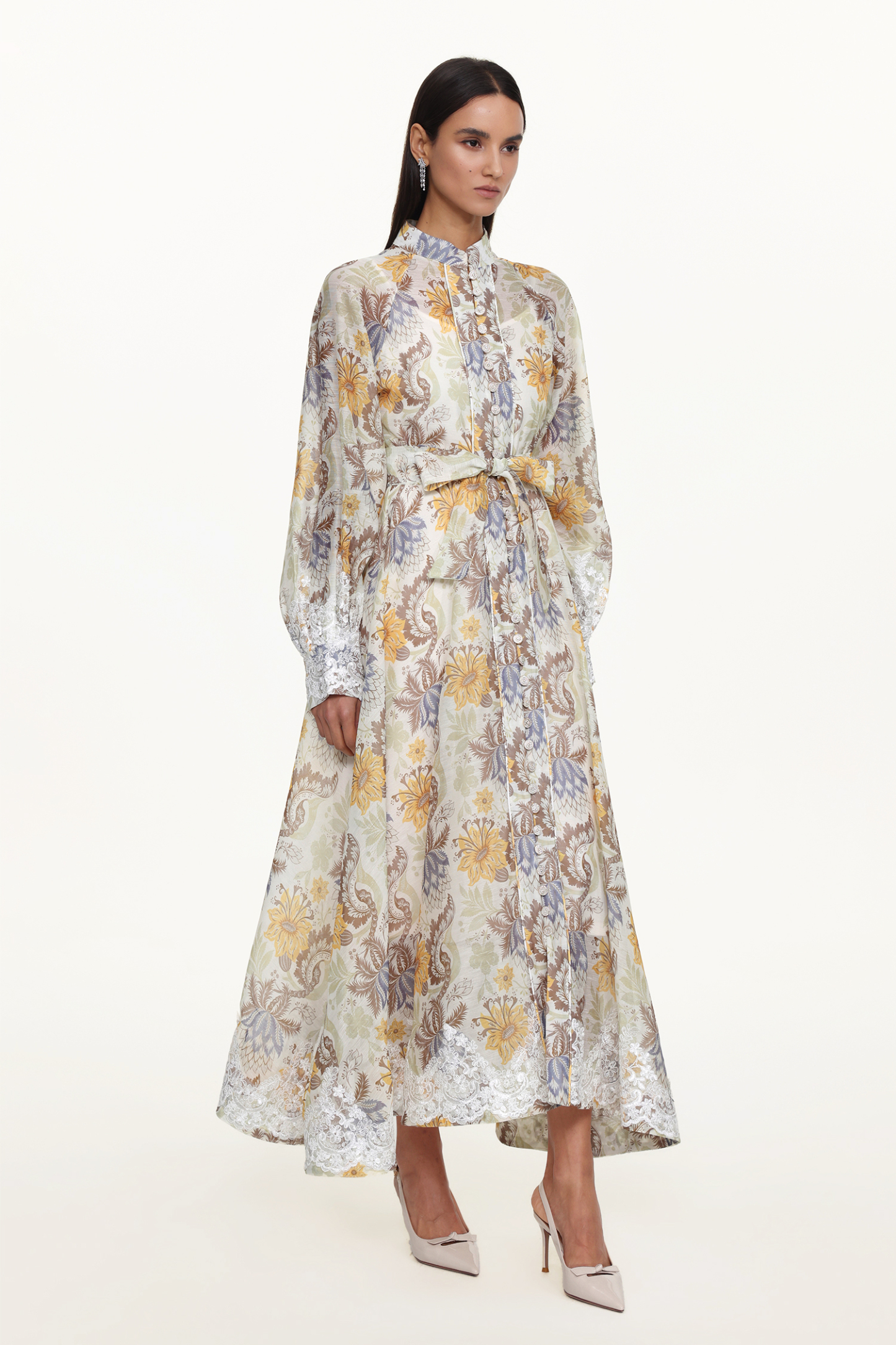 Rosi Resort Flowy Long Sleeve Floral Print Lace Woven Maxi Dress