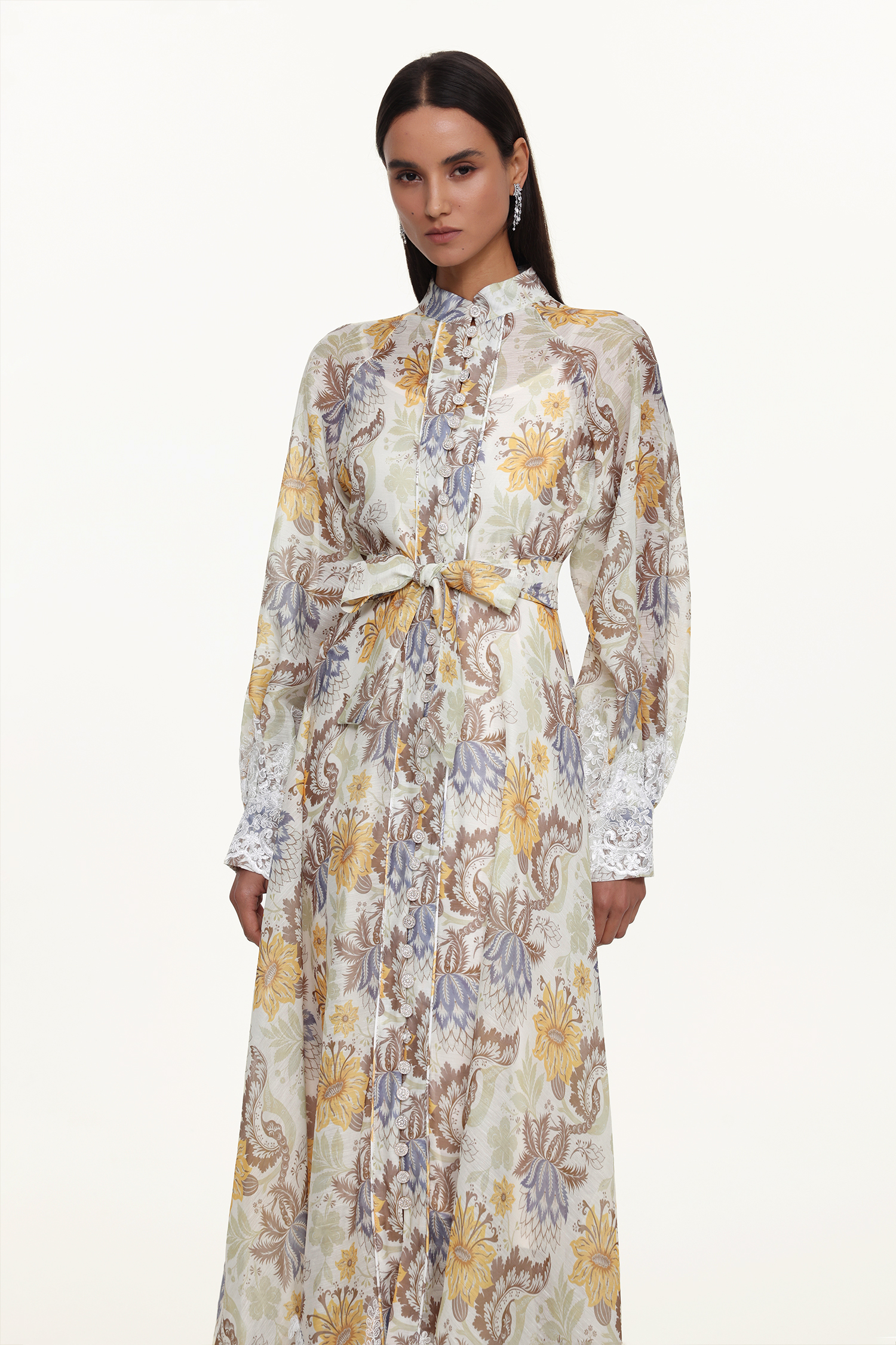 Rosi Resort Flowy Long Sleeve Floral Print Lace Woven Maxi Dress