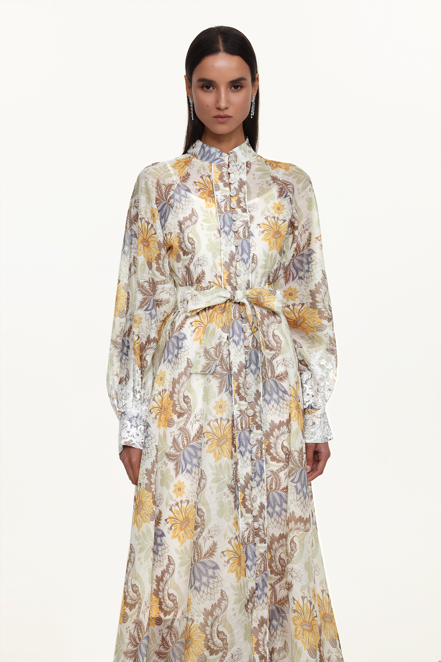 Rosi Resort Flowy Long Sleeve Floral Print Lace Woven Maxi Dress