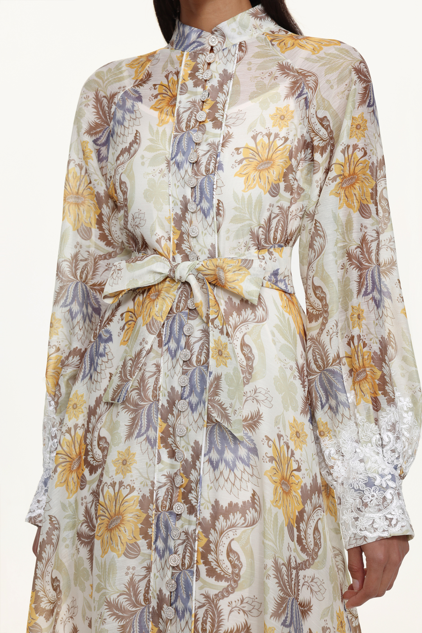 Rosi Resort Flowy Long Sleeve Floral Print Lace Woven Maxi Dress