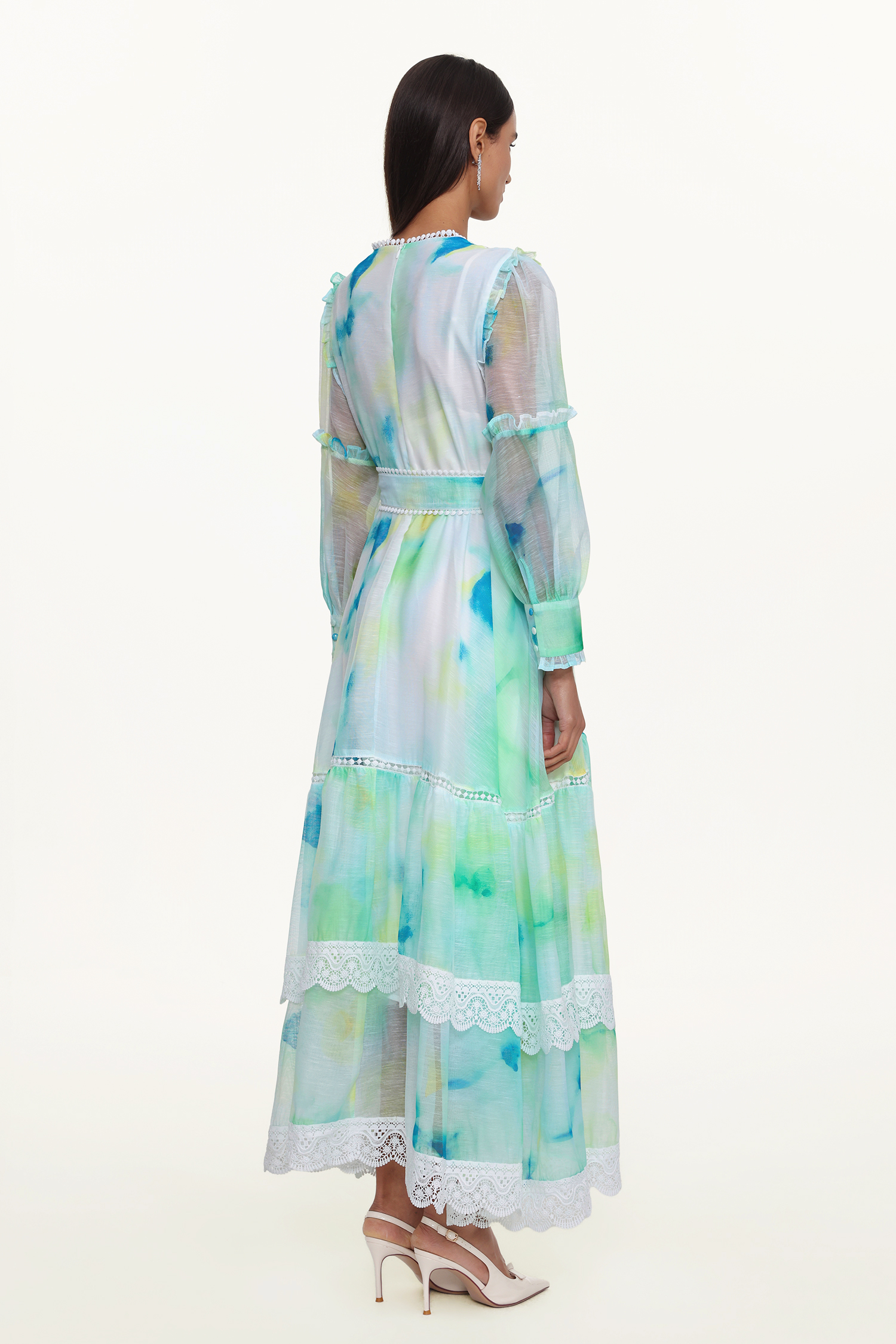 Natalya Resort Flowy Long Sleeve Lace Abstract Print Ruffle Woven Green Maxi Dress