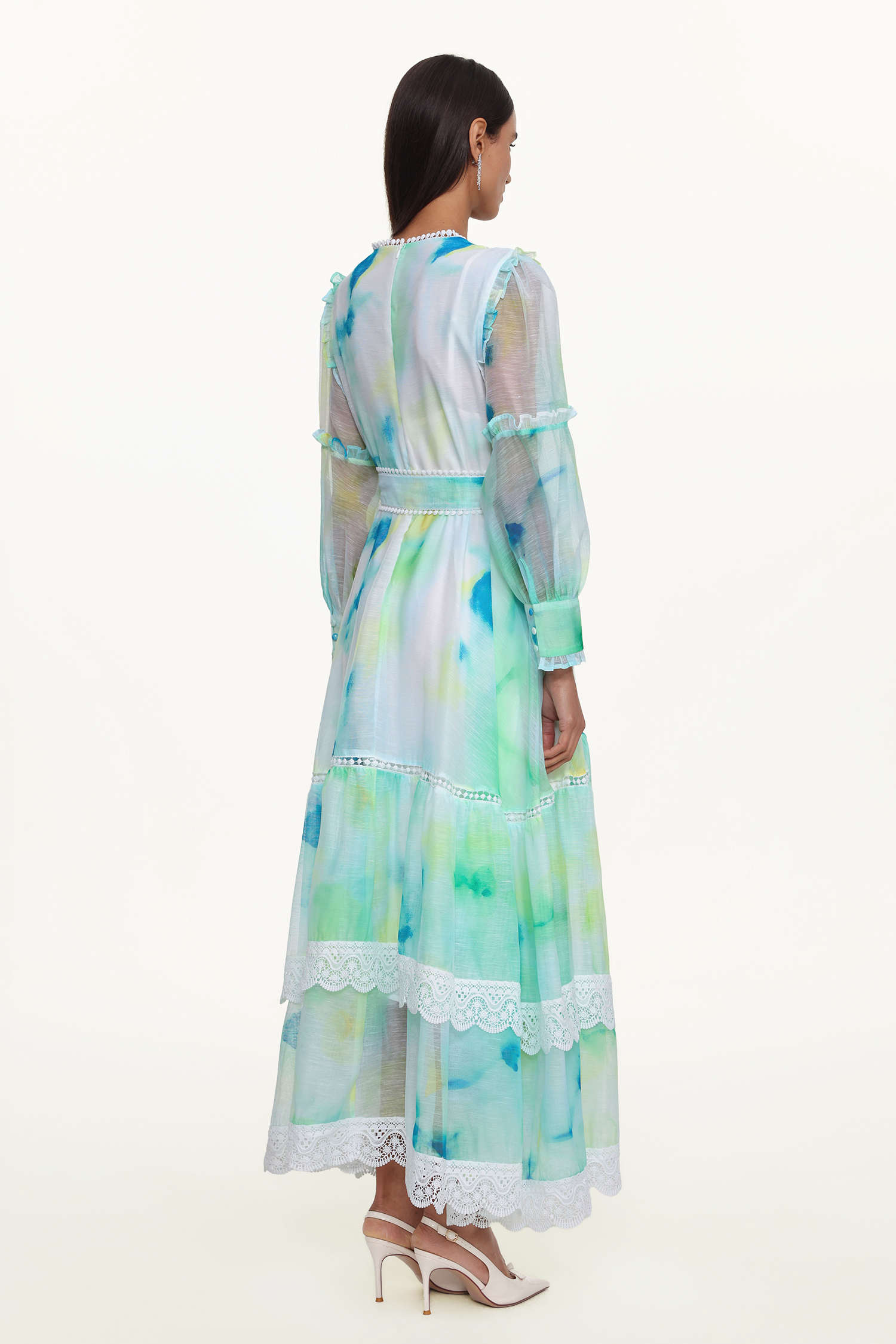 Natalya Resort Flowy Long Sleeve Lace Abstract Print Ruffle Woven Green Maxi Dress