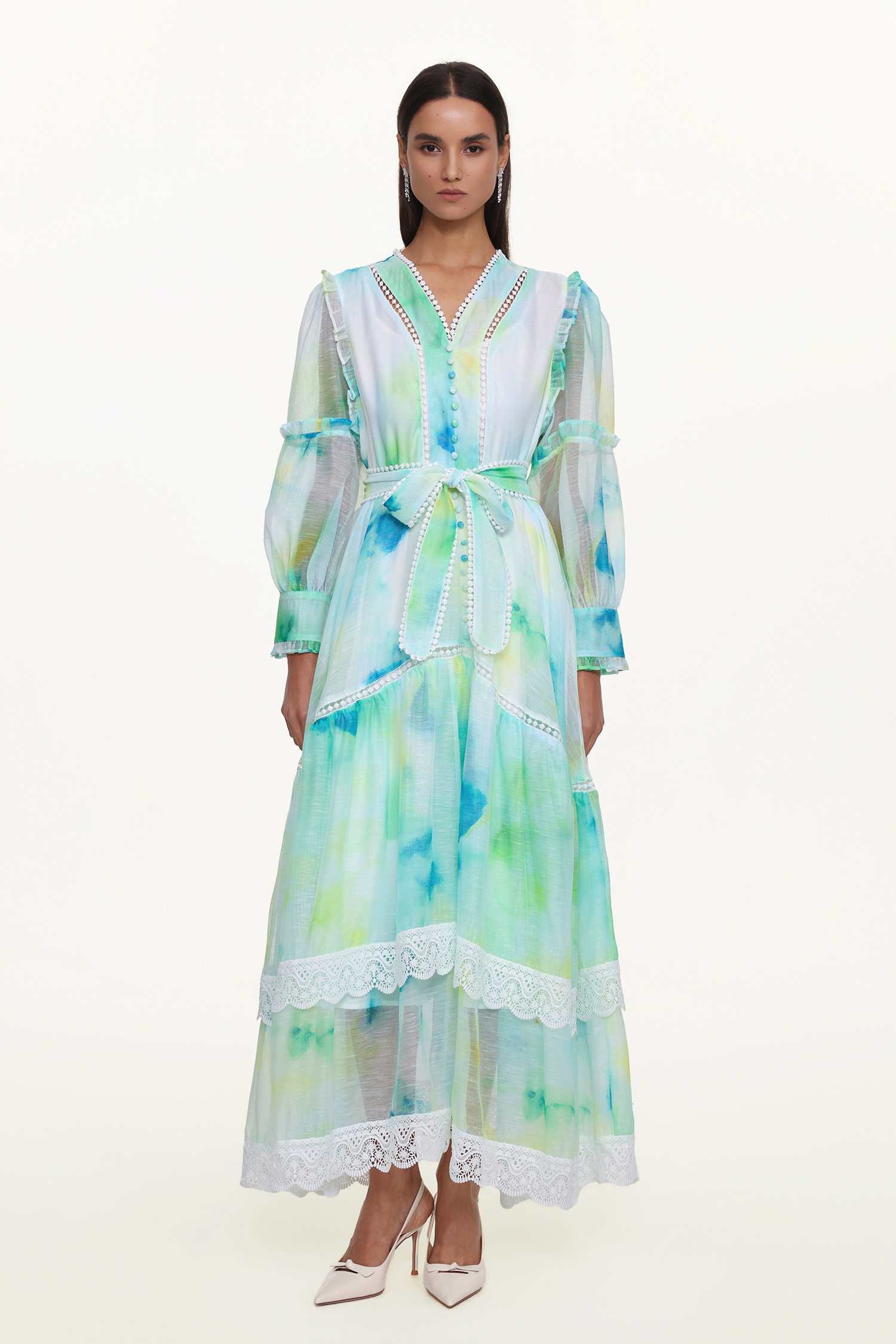 Natalya Resort Flowy Long Sleeve Lace Abstract Print Ruffle Woven Green Maxi Dress