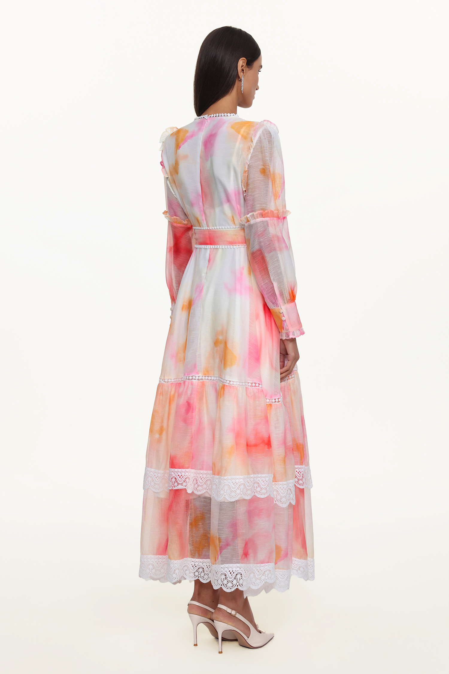 Natalya Resort Flowy Long Sleeve Lace Abstract Print Ruffle Woven Orange Maxi Dress