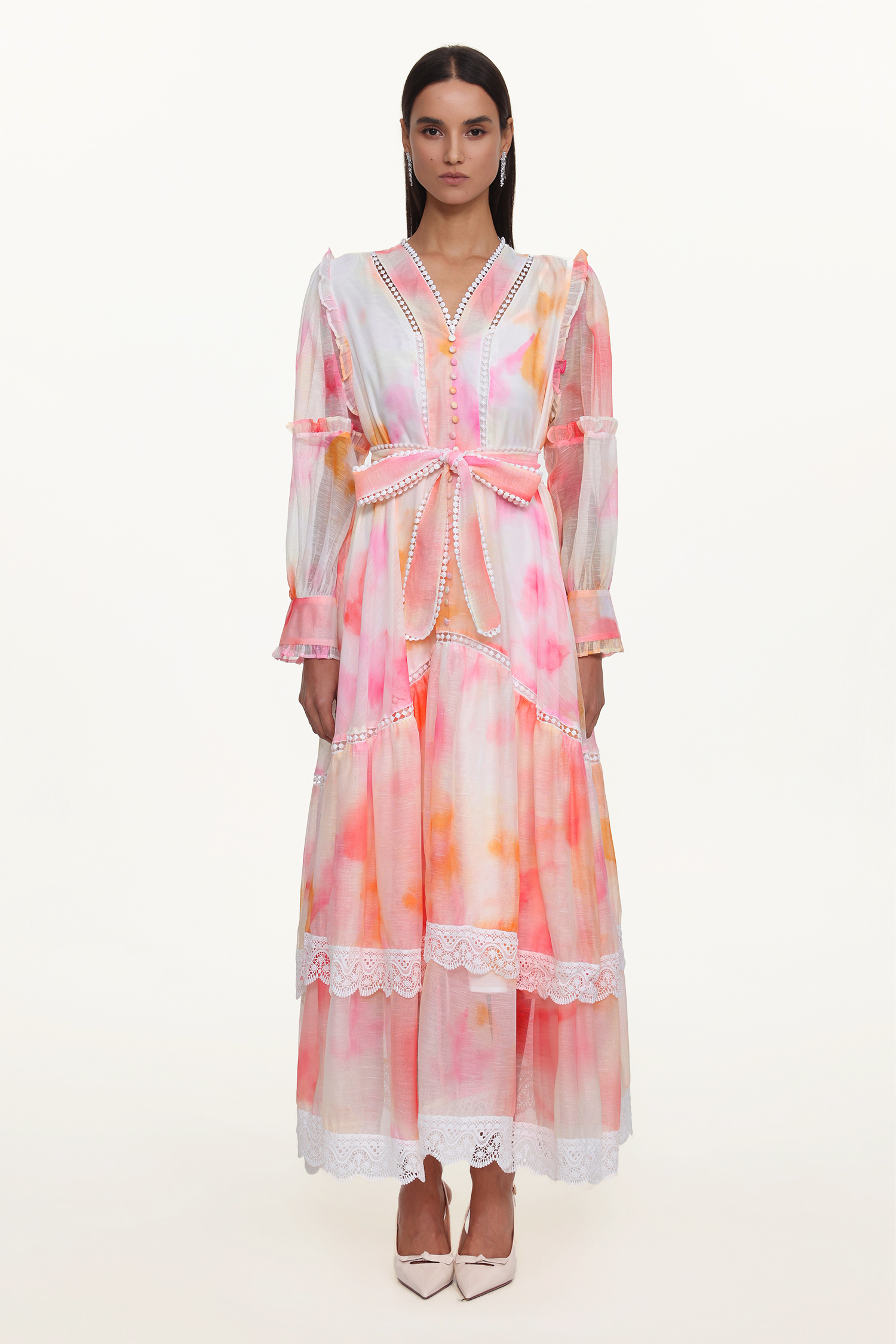 Natalya Resort Flowy Long Sleeve Lace Abstract Print Ruffle Woven Orange Maxi Dress