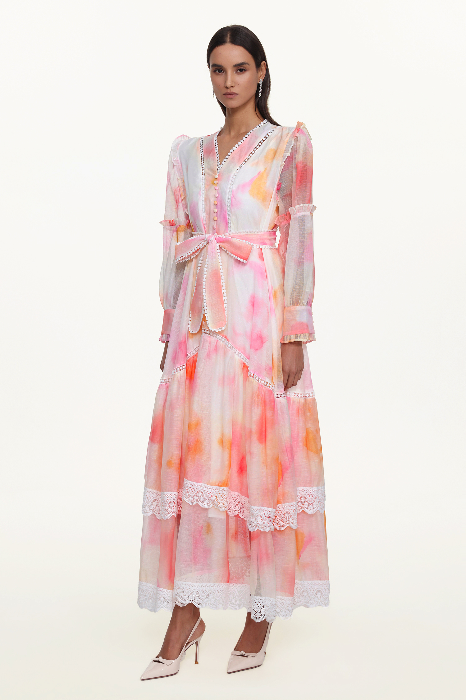 Natalya Resort Flowy Long Sleeve Lace Abstract Print Ruffle Woven Orange Maxi Dress