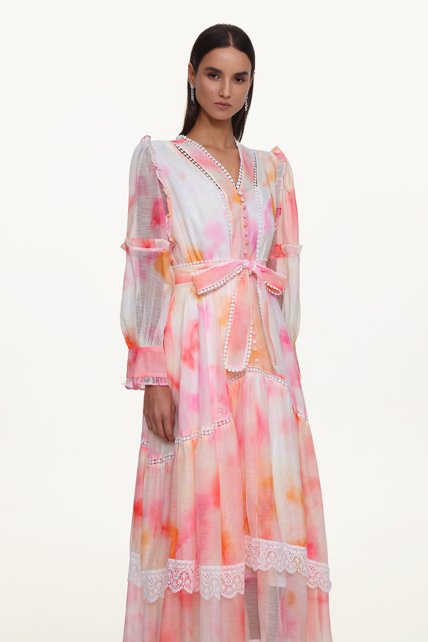 Natalya Resort Flowy Long Sleeve Lace Abstract Print Ruffle Woven Orange Maxi Dress