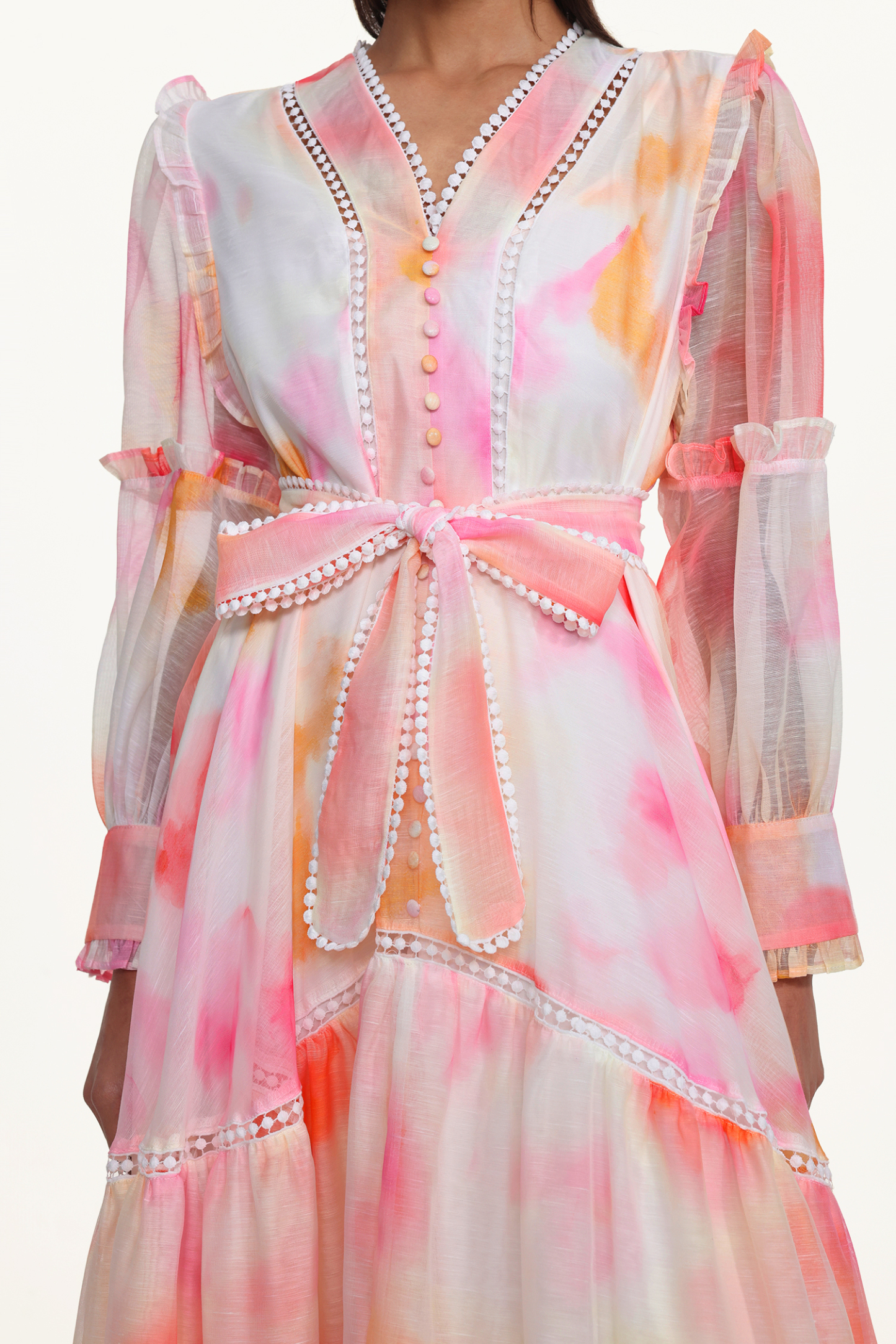 Natalya Resort Flowy Long Sleeve Lace Abstract Print Ruffle Woven Orange Maxi Dress