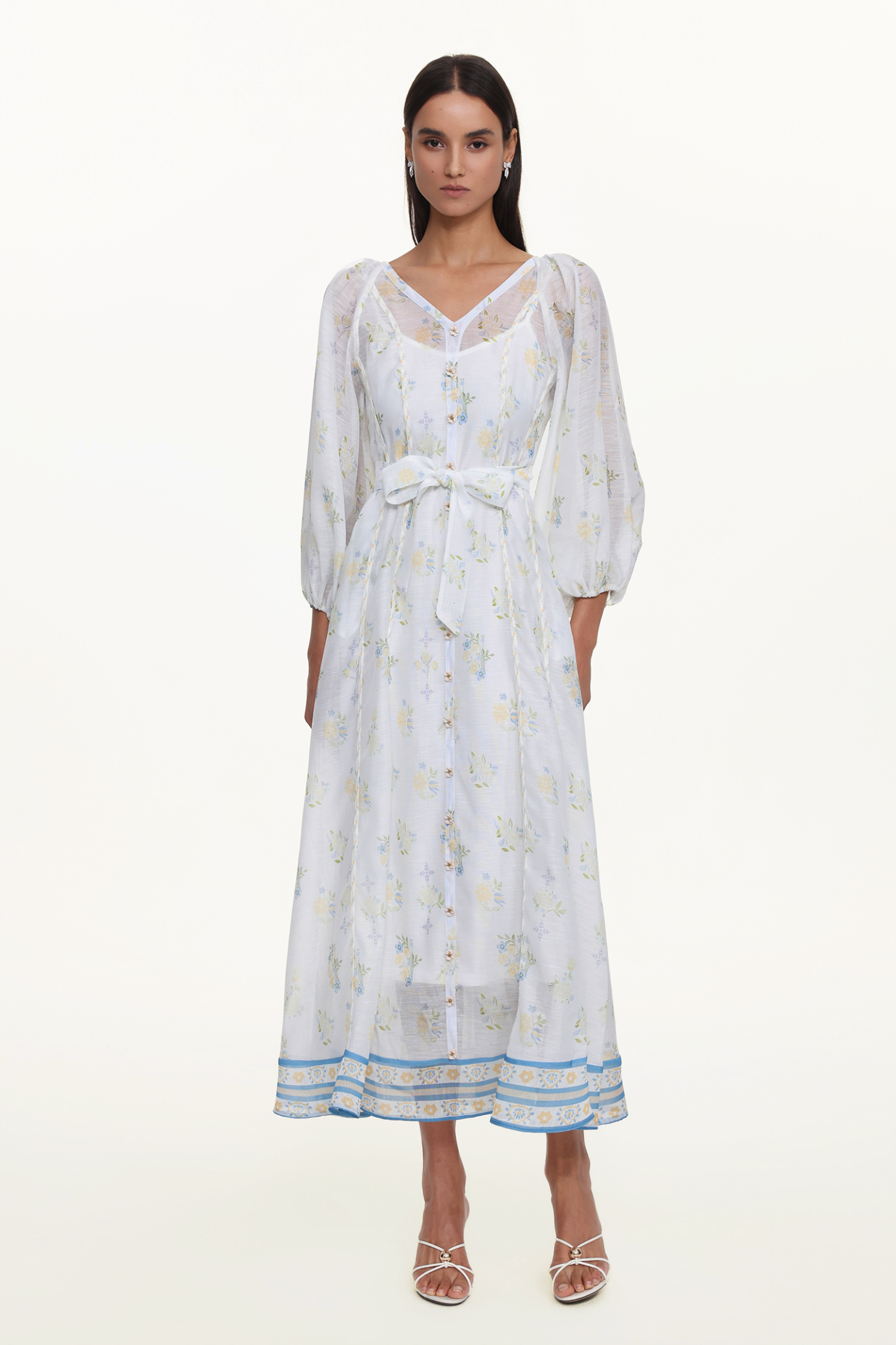 Jinx Resort Flowy V Neck Long Sleeve Floral Print Woven Maxi Dress