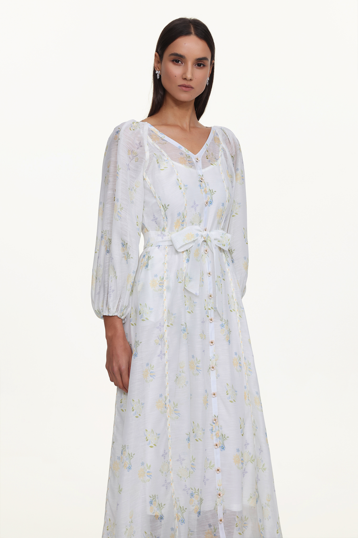 Jinx Resort Flowy V Neck Long Sleeve Floral Print Woven Maxi Dress