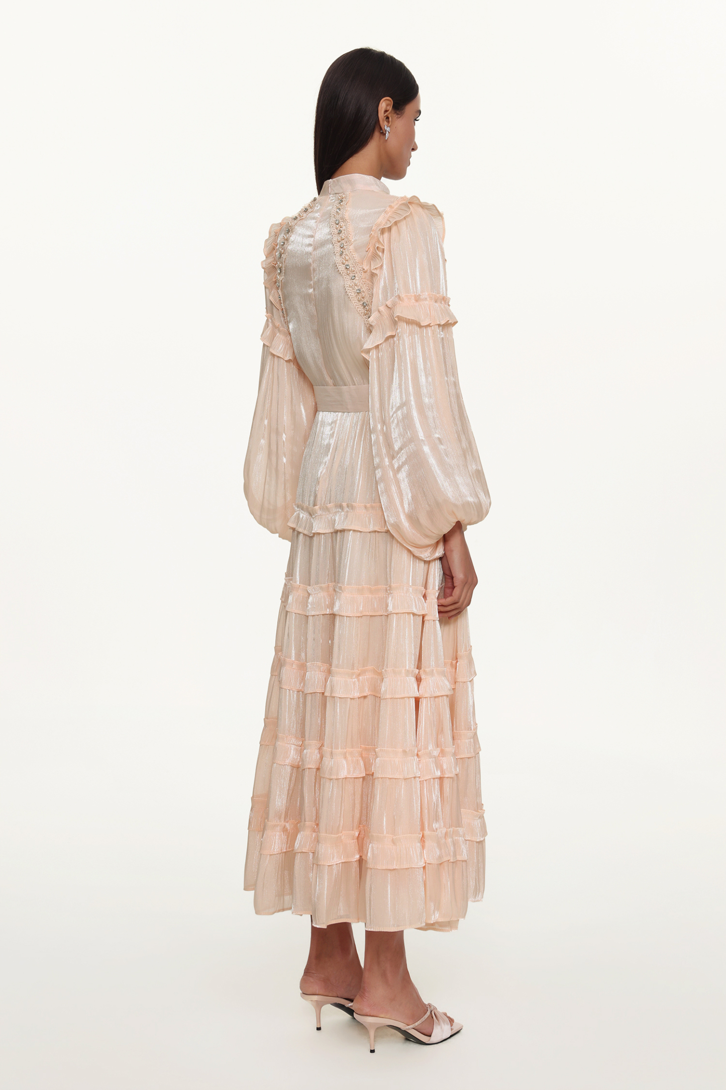 Saturn Resort Flowy Long Sleeve Rhinestone Ruffle Woven Maxi Dress