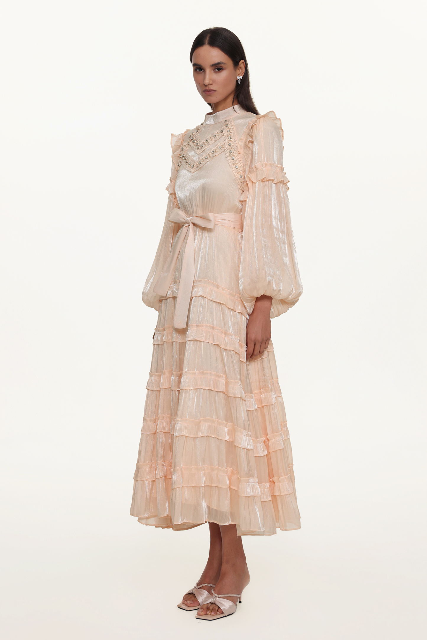 Saturn Resort Flowy Long Sleeve Rhinestone Ruffle Woven Maxi Dress