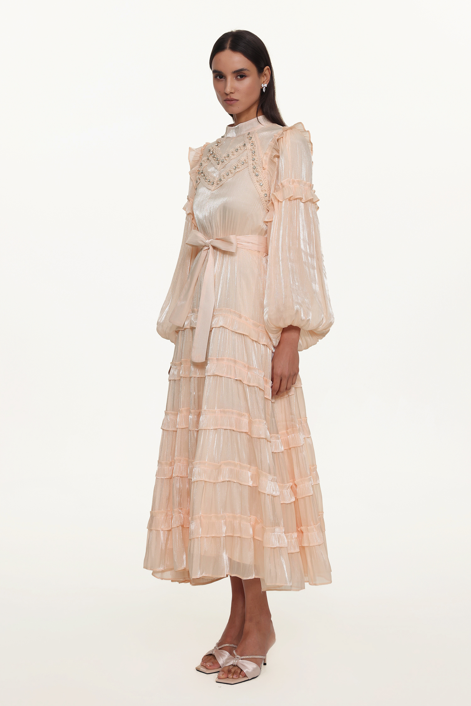 Saturn Resort Flowy Long Sleeve Rhinestone Ruffle Woven Maxi Dress