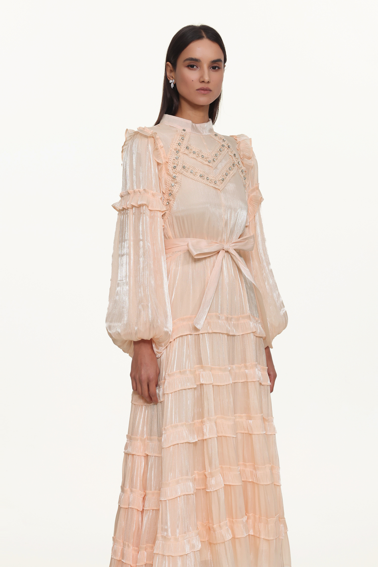 Saturn Resort Flowy Long Sleeve Rhinestone Ruffle Woven Maxi Dress