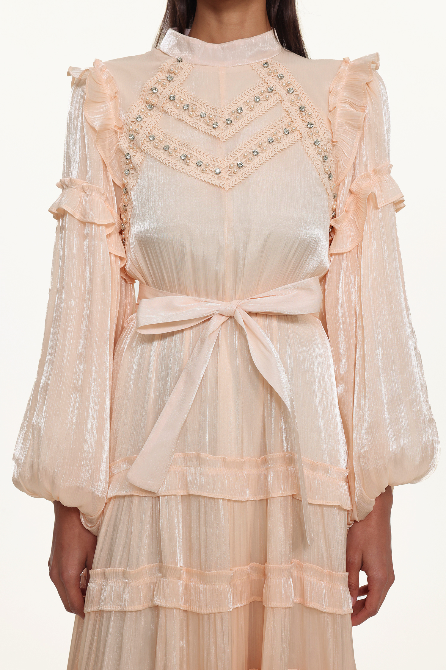 Saturn Resort Flowy Long Sleeve Rhinestone Ruffle Woven Maxi Dress