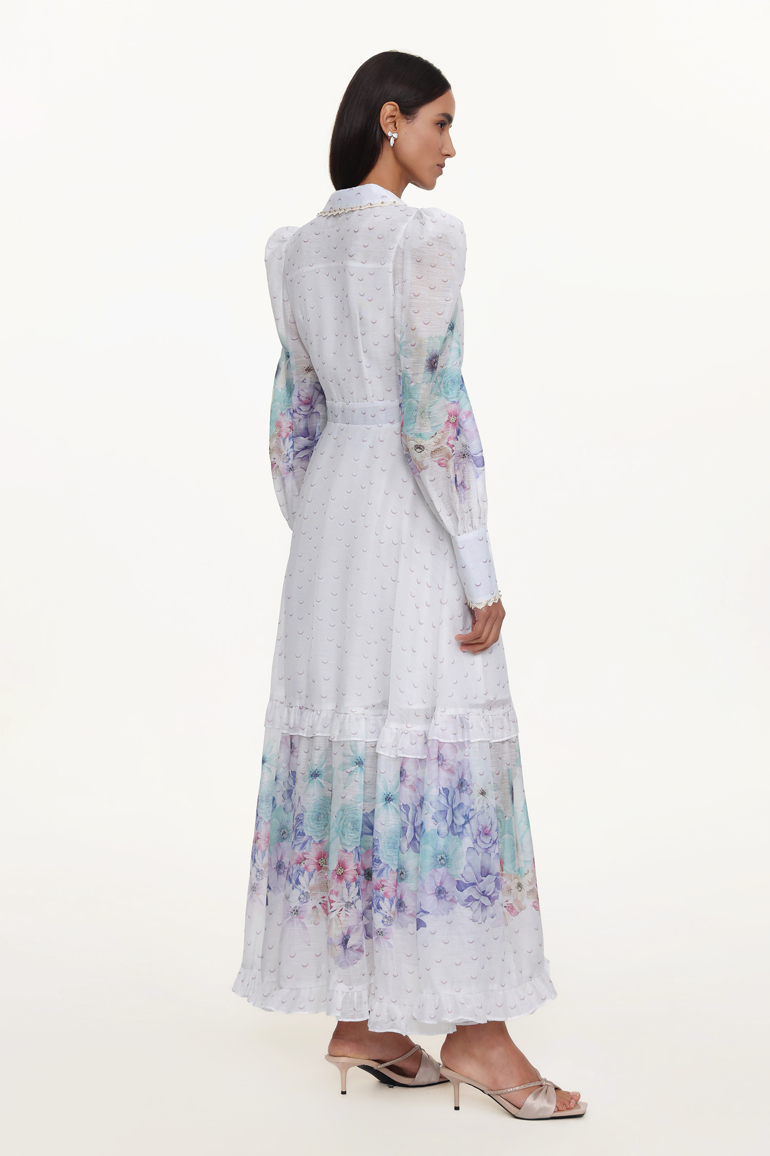 Rina Resort Flowy Long Sleeve Floral Print Ruffle Woven Maxi Dress