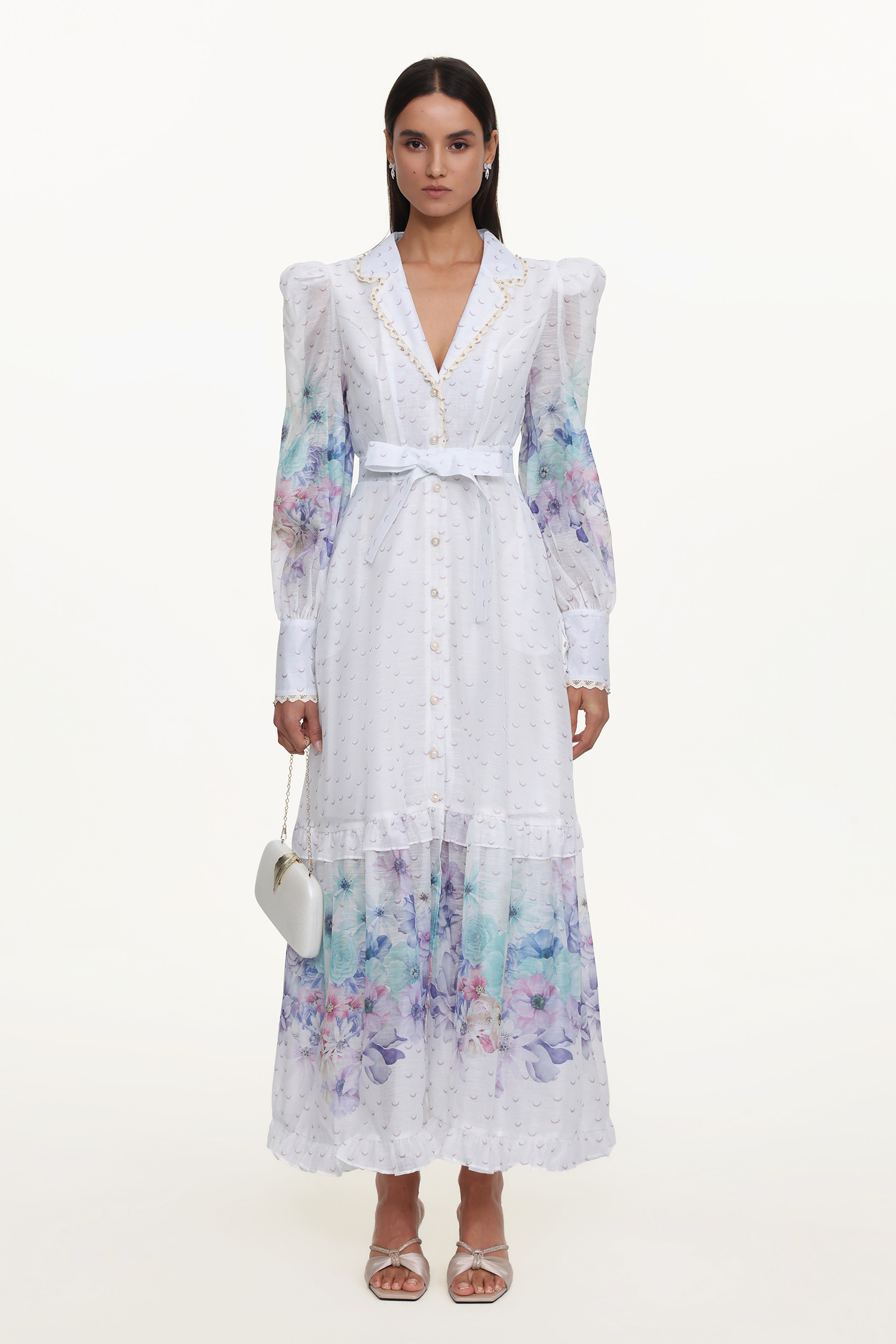 Rina Resort Flowy Long Sleeve Floral Print Ruffle Woven Maxi Dress