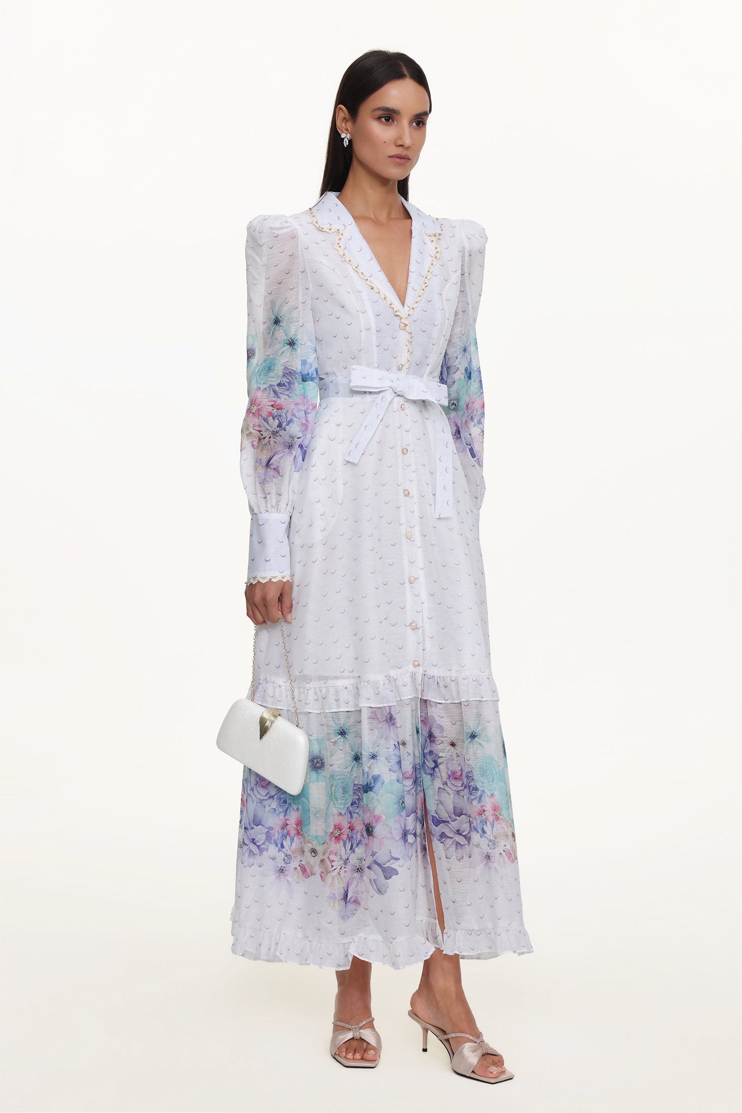 Rina Resort Flowy Long Sleeve Floral Print Ruffle Woven Maxi Dress